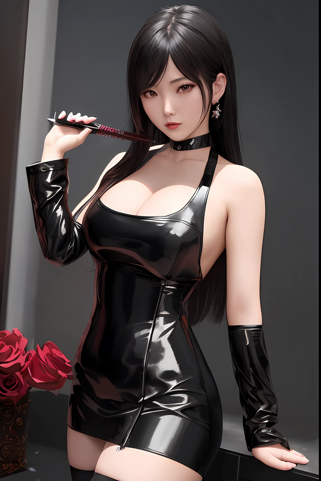 Sexy asian woman in black leather dress with sword and rose petals, a short skirt、Ultra mini skirt、I can see the white panties.、seductive tifa lockhart portrait, Tifa Lockhart, Tifa, glamorous tifa lockheart, tifa lockhart portrait, by Yang J, tifa lockhart, Portrait of Tifa Lockhart, ig model | ArtGerm, Trending on CGSTATION, beautiful alluring anime woman