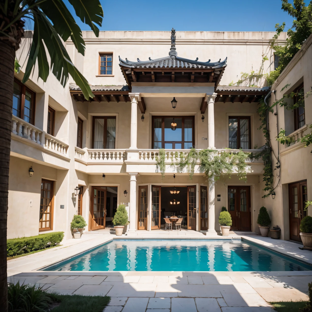 ,masterpiece, best quality,8k, ultra highres,Enter this courtyard,It's like you've arrived in the ultimate luxury of the Mediterranean。The spacious outdoor pool is complemented by warm and romantic lighting,Every night is a banquet。White stone pillars and vine decorations create a vintage and gorgeous atmosphere。In this courtyard full of temptation,Looking forward to a romantic encounter。