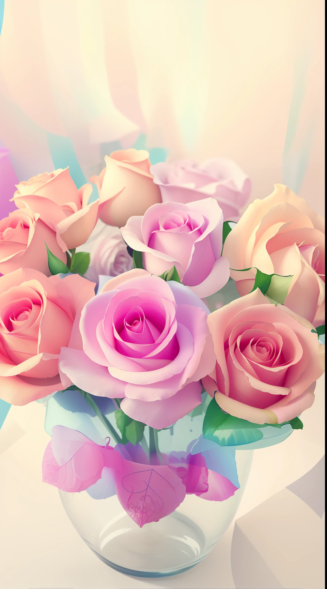 There were a lot of roses in the vase on the table, pastel roses, pastel overflow, In pastel colors, 🎀 🗡 🍓 🧚, pastel rainbow, 🎀 🧟 🍓 🧚, melanchonic rose soft light, Magical flowers, translucent roses ornate, pastel colored, roses in cinematic light, colorful pastel, with colored flowers, rosette, Roses made of colorful smoke