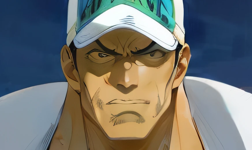 Close up portrait of a man wearing a hat with his name on it, norihiro yagi, kentaro miura manga style, from one piece, miura kentaro style, Roronoa Zoro, miura kentaro, shiro takatani, buff man, mamoru oshii, Menacing appearance, Eiichiro Oda Style