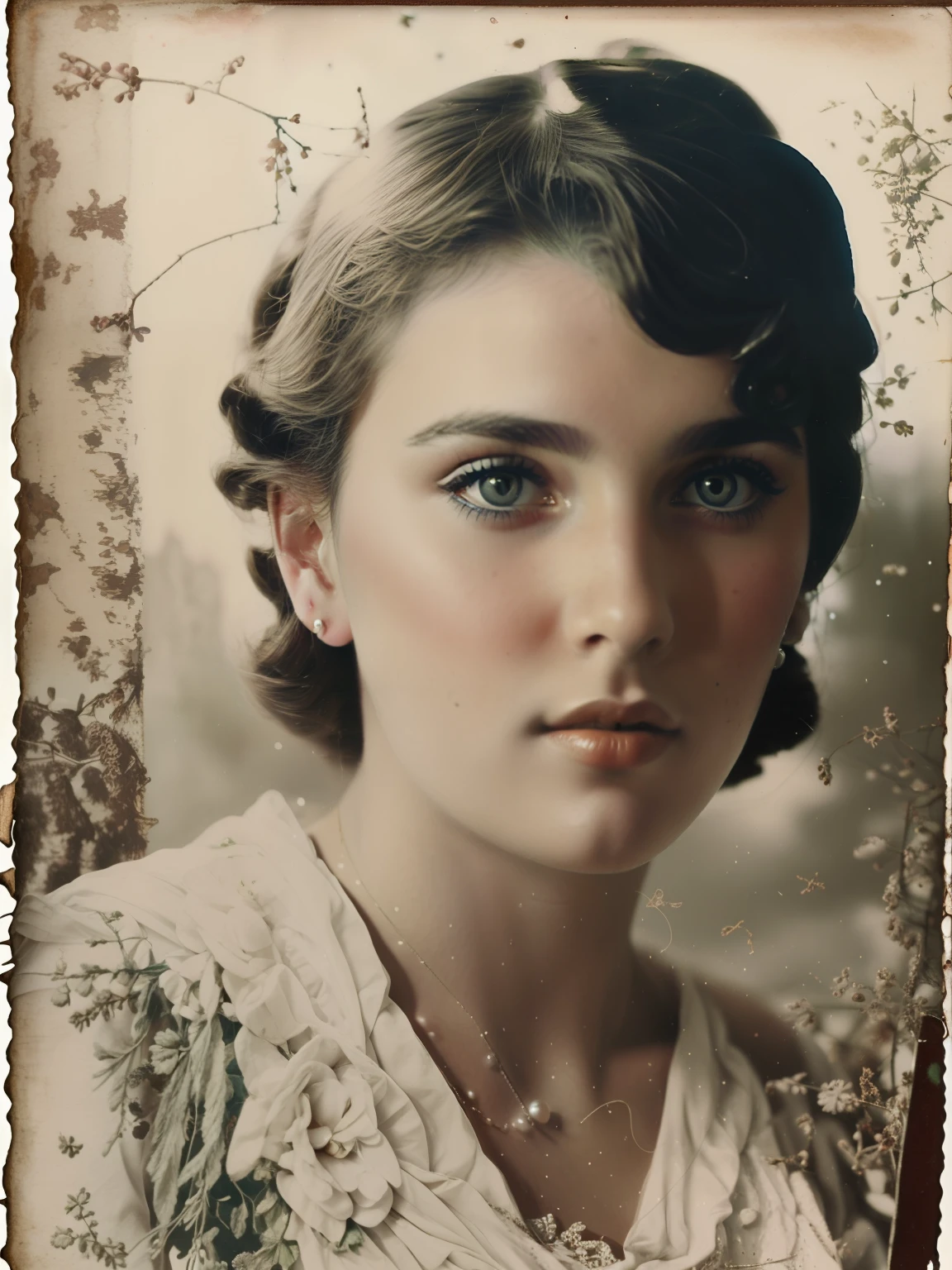 A woman IN a white shirt and a hazy background, an old gritty atmosphere, realistic, intricate details, true skin texture, front portrait, autochrome pearl portrait, close-up vintage photography, Inspired by Araquém Alcântara, Realistic antique photography, young woman photo, photography portrait, color studio portrait, center frame portrait, Portrait of a woman, modelshoot style, Analog style, 1960's ANALOG CAMERA