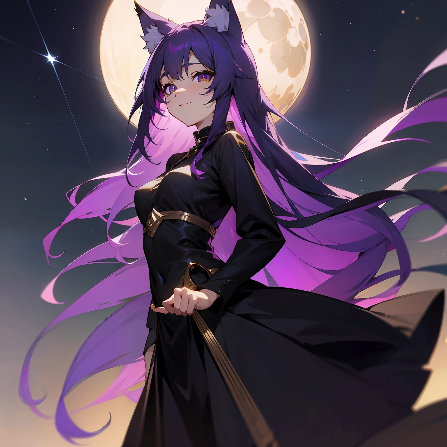 Purple hair、Golden Eyes、Beautiful breasts、cute little、A face full of joy、Long hair that goes down to the waist、top-quality、Jet black dress、Wolf ears、No human ears、Moon Night、starrysky
