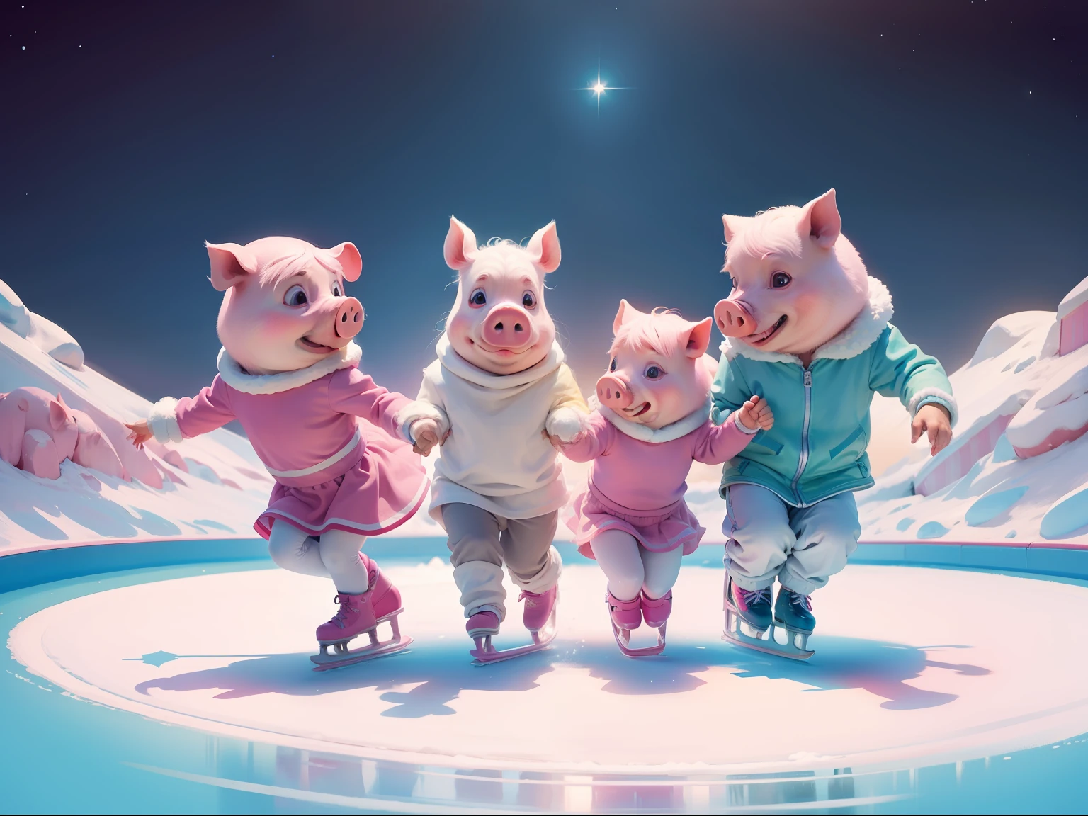 children's book illustration. Joyful pink piggies ice skating and having fun. Whimsical, happy, comical. Highly detailed. Happy palette of colours.