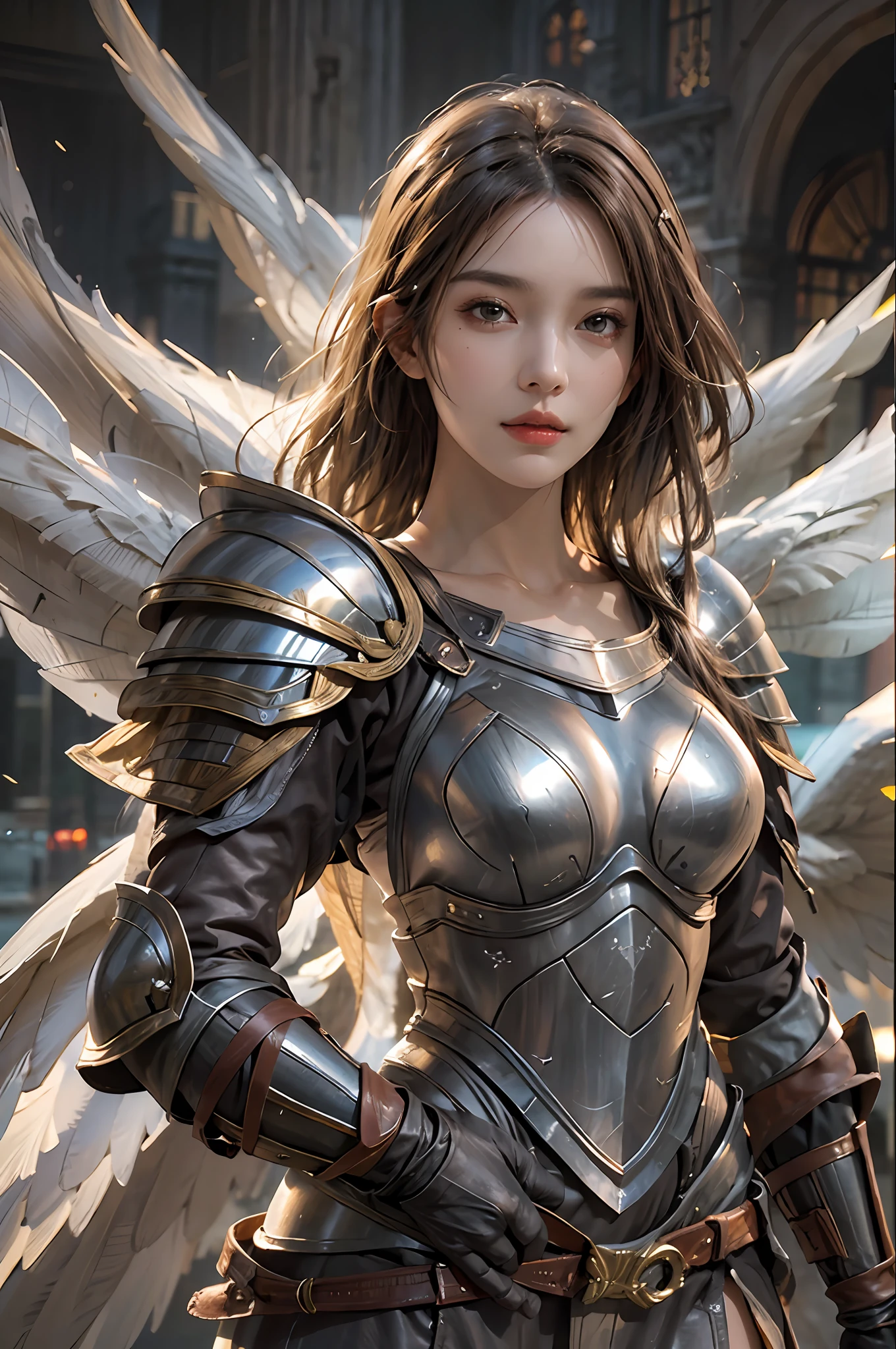 photorealistic, high resolution, 1 women, solo, hips up, look at viewer, (detailed face), medium breast, knight armor, angle wings