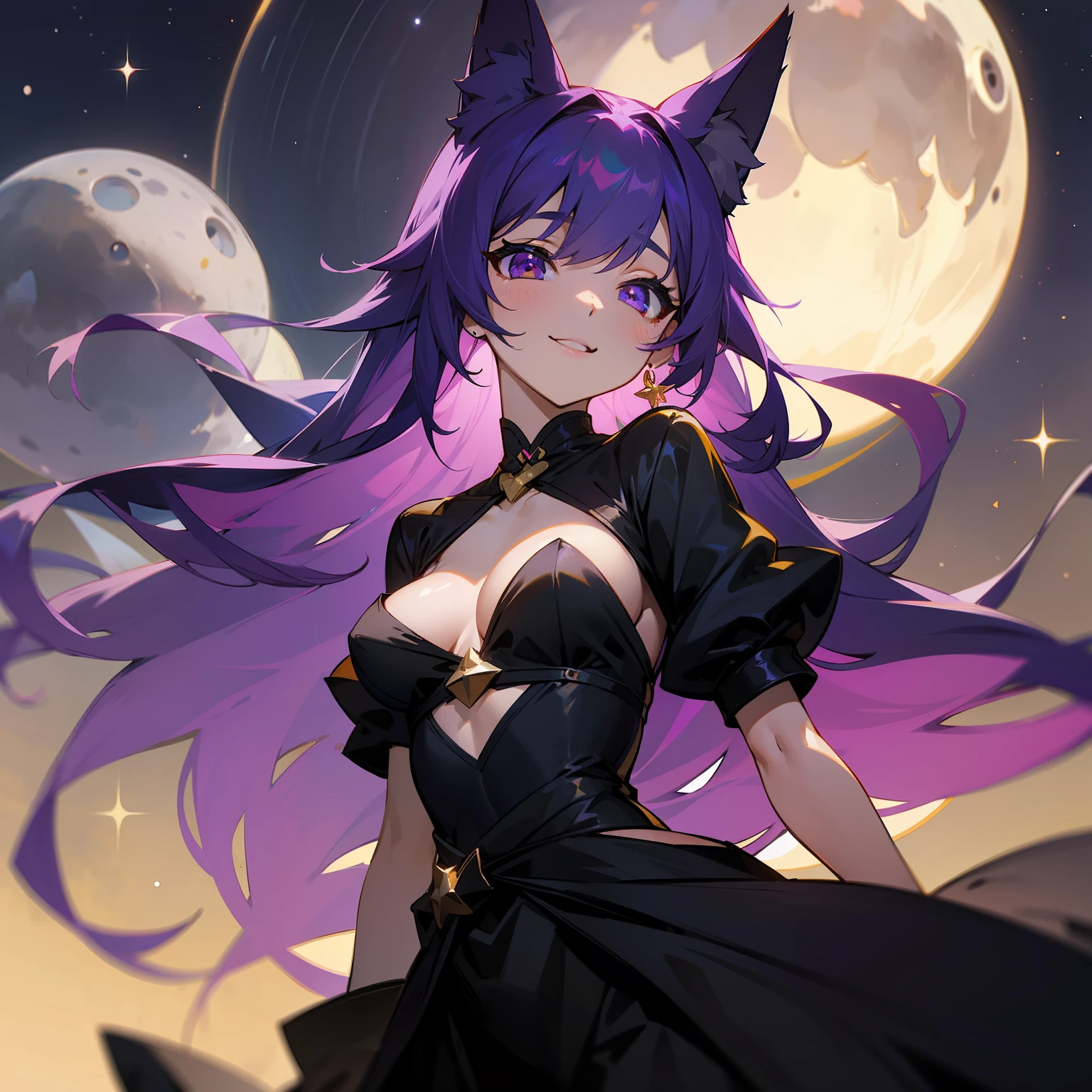 Purple hair、Golden Eyes、Beautiful breasts、cute little、A face full of joy、Long hair that goes down to the waist、top-quality、Jet black dress、Wolf ears、No human ears、Moon Night、starrysky