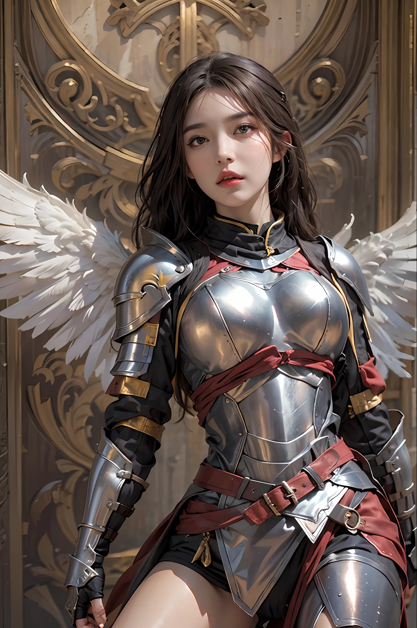 photorealistic, high resolution, 1 women, solo, hips up, look at viewer, (detailed face), medium breast, knight armor, angle wings
