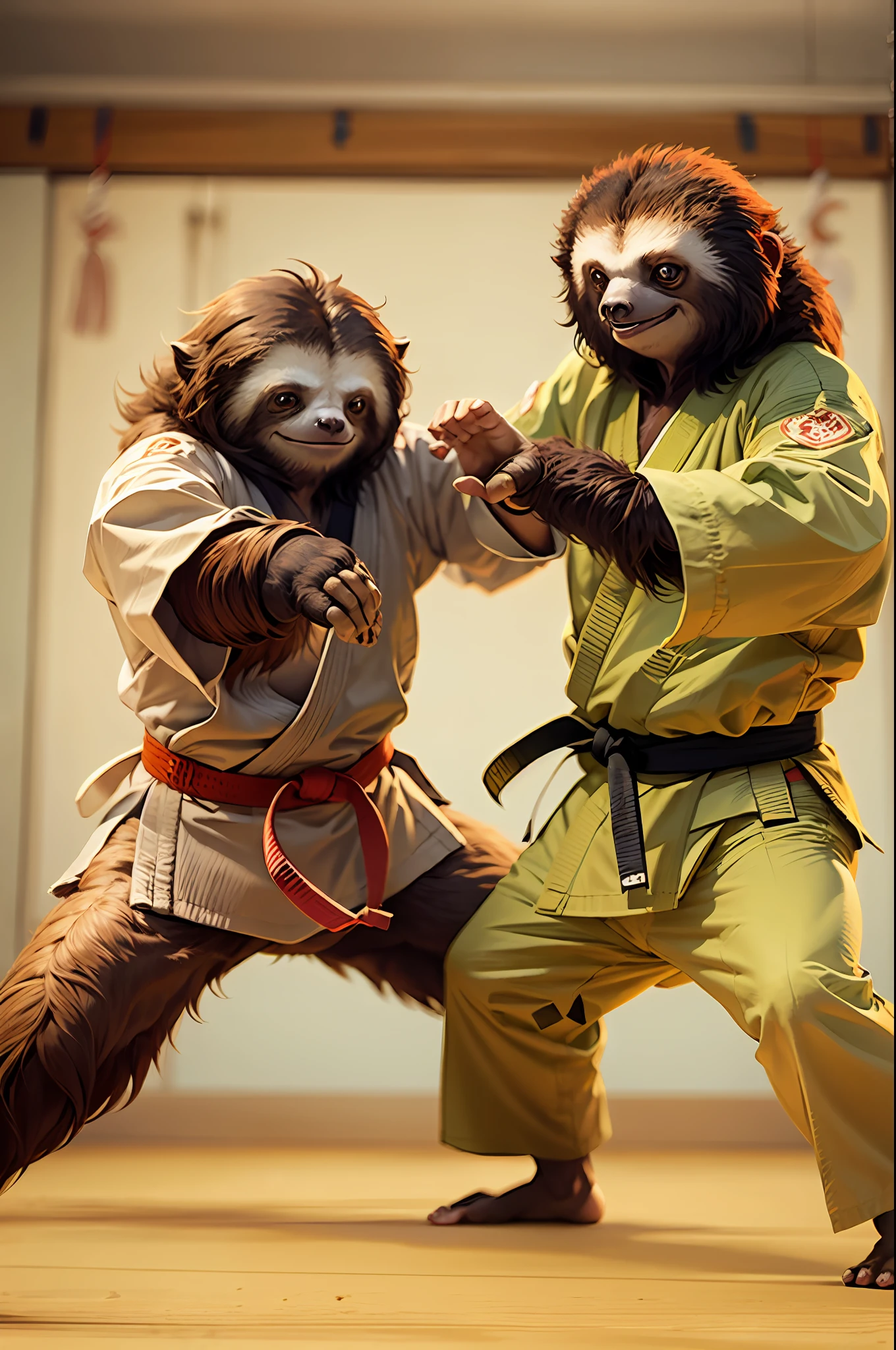 "Intense action scene: Two karate sloths fiercely battling in a dojo, showcasing detailed fur and precise hand movements."