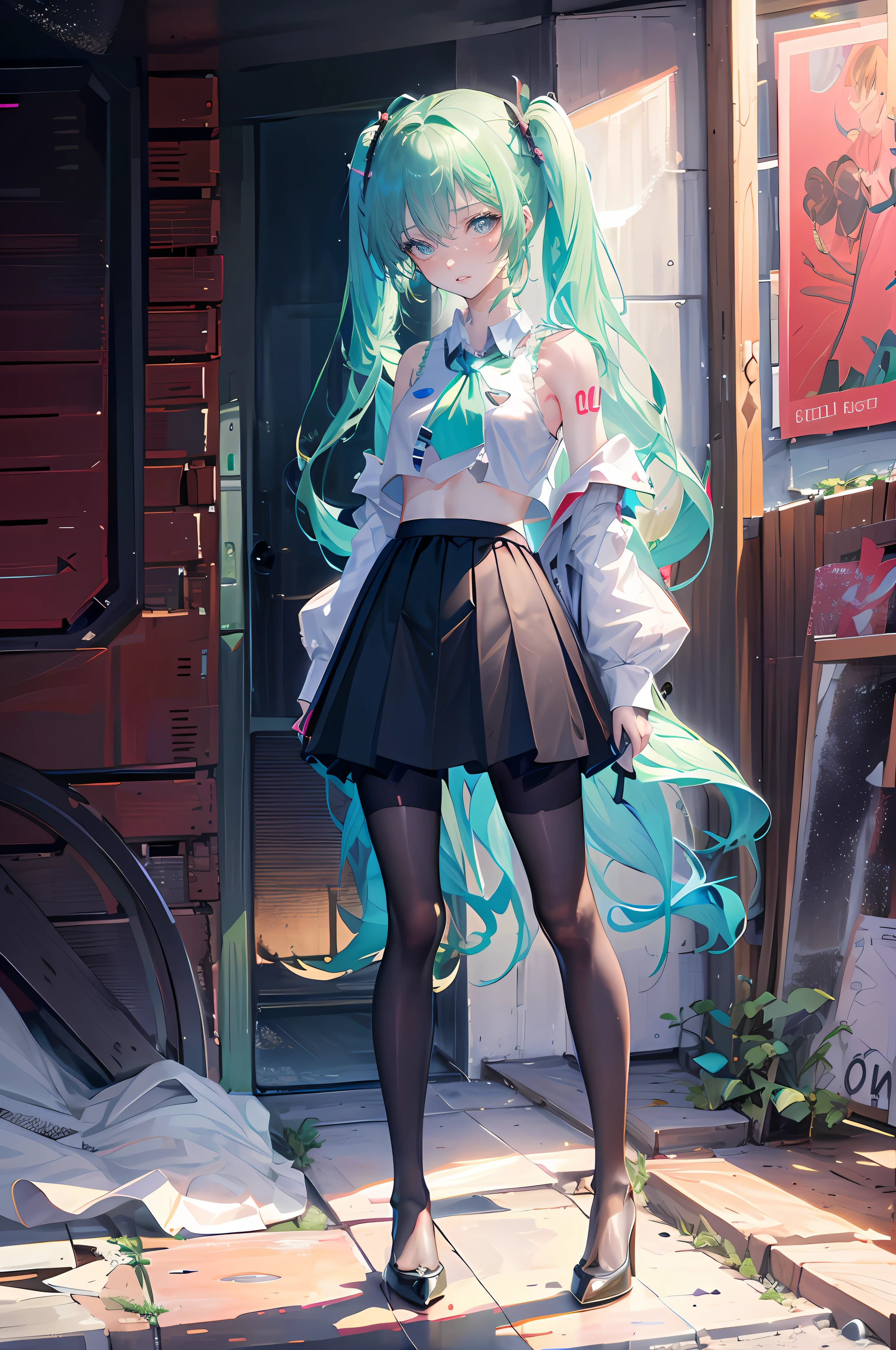 (quality:0)
8K, 8K Wallpaper, (extremely delicate and beautiful:1.1), (Beautiful detailed eyes:1.3), (Best Illustration:1.1), (Best Quality:1.3), (Best Shadow:1.1), (Cinematic lighting:1.2), Detailed eyes, (Detailed_light:1.1), (Dreamy:1.1), (Highly detailed CG Unity 8K wallpaper:1.1), hight resolution, (masutepiece:1.3), Official_Art Book, Ray tracing, (Stylized:1.3), Trending at ArtSt, (Ultras_Detailed:1.2)
(Style & Composition:0)
1girl in, (from a_Below, full_Body:1.4), Solo
(Pose & expression:0)
blush, Head_tilt, Legs_apart, Lips_apart, up looking_で_viewer, Standing, unamused
(Character:0)
aqua_Eyes, aqua_hair, aqua_Twin-tailed, argyle_pantyhose, Black_pantyhose, Bare_shoulders, Black_Shirt, Black_Sart, breasts_apart, Crop_Top, Cropped_Shirt, 鎖骨, hatsune_Miku, high_heels, high-waisted_Skirt, Lips, long_sleeves, makeup, (Messy_hair:1.2), Plaid_Skirt, shiny_hair, Shrug_\(Clothing\), (Small_breasts:1.3), very_long_hair