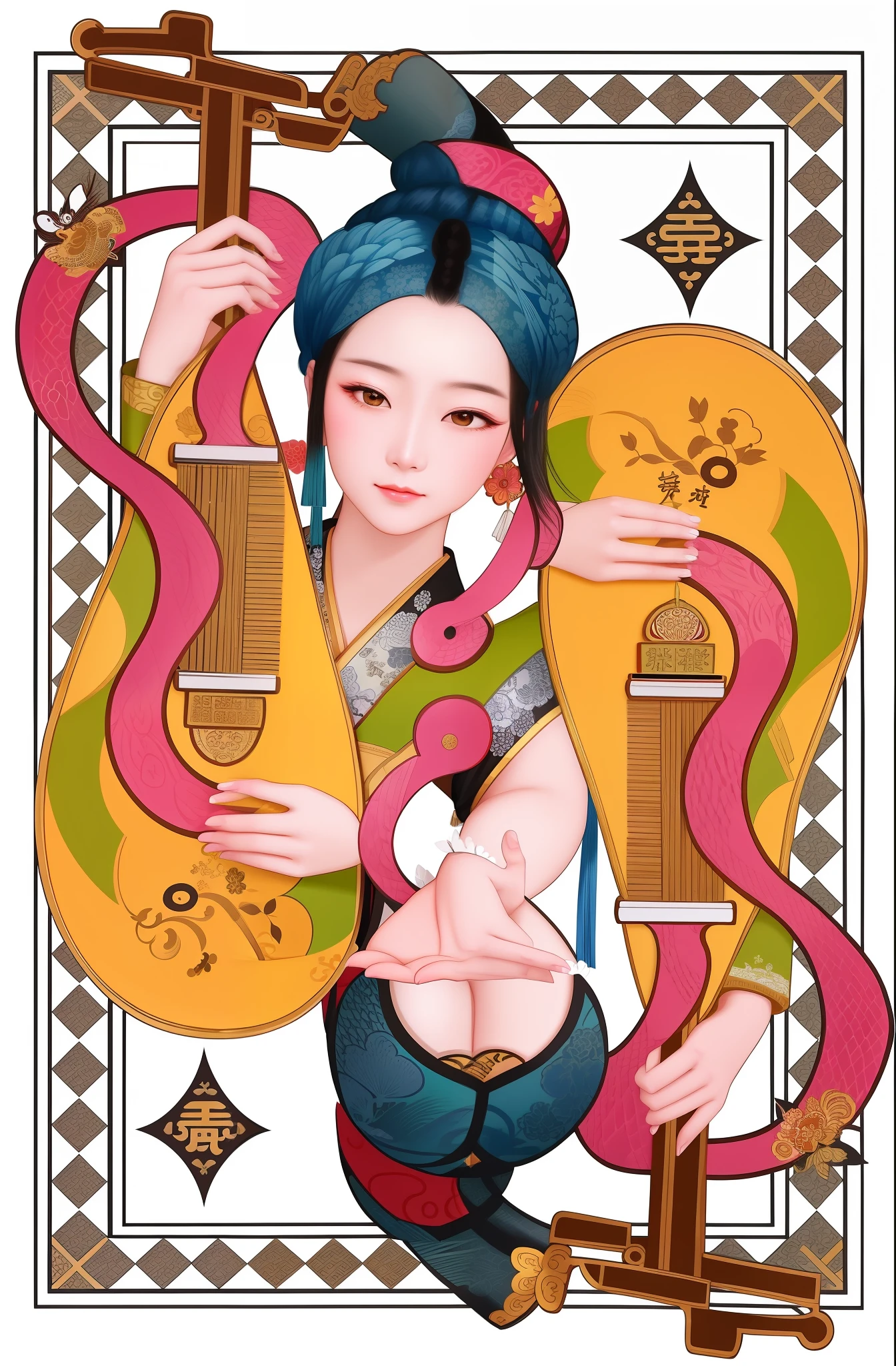 A highly detailed illustration of a Chinese empress playing an instrument with a snake，inspired by Utagawa Kunisada II、Utagawa Kokusada III Wakagawa National Works，and the design of Gao Kegong and Wang Yi。