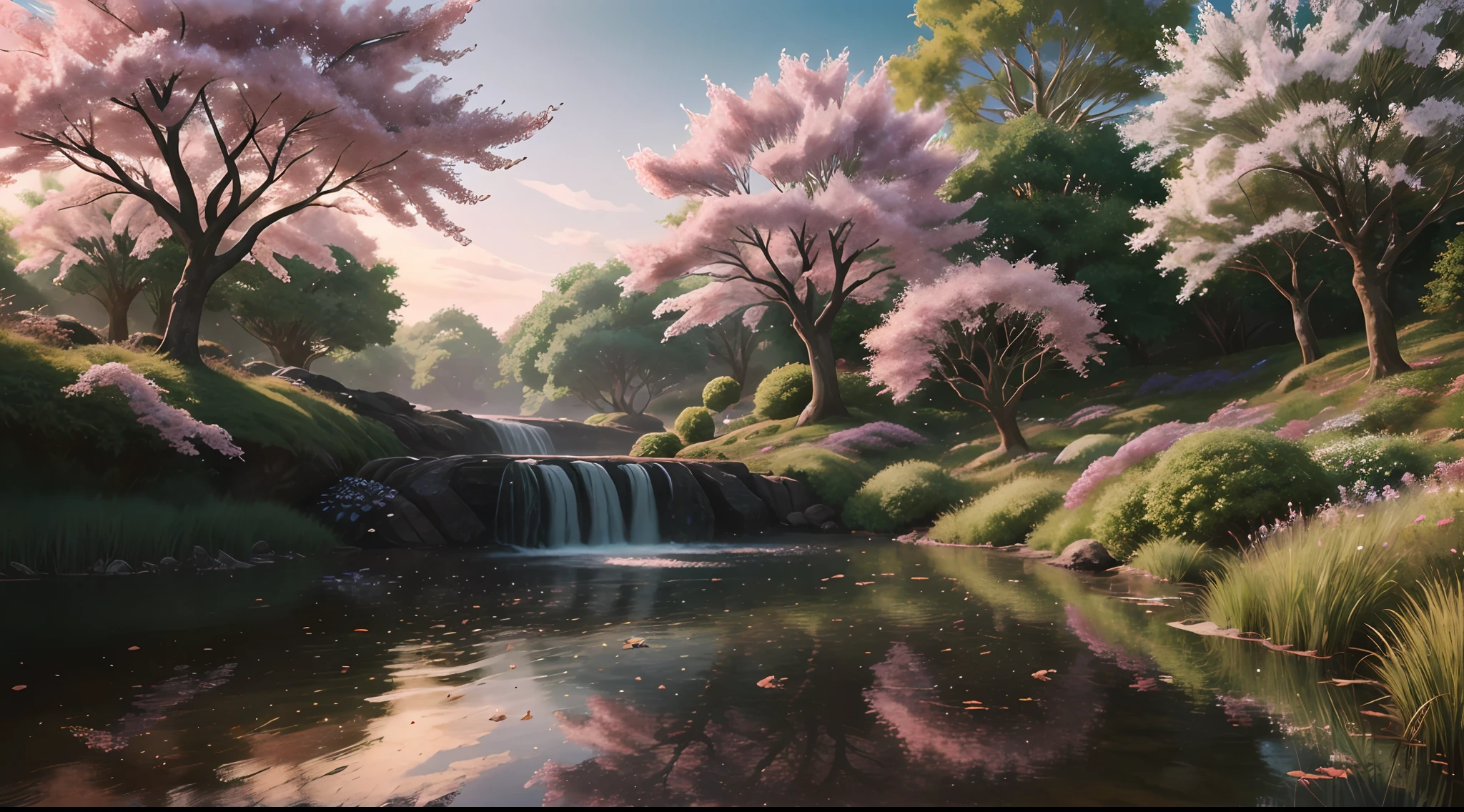 (Best quality),(masterpiece),(ultra detailed),(high detailed),(extremely detailed),Subject: Anime Background Illustration Medium: RAW photography. Resolution: 4000x3000 pixels. Color Palette: Soft and pastel colors with a hint of vibrancy. Mood: Serene, whimsical, and inviting. Composition: Balanced composition with a focal point that complements the foreground elements. Lighting: Gentle, diffused lighting with subtle variations in brightness. Style: Anime-inspired with a touch of fantasy and charm. Details: Include elements such as blooming cherry blossom trees, lush greenery, cozy buildings, and winding paths. Inspiration: Anime scenery, Studio Ghibli films, fantasy worlds, and tranquil natural settings. Camera Setup: None (since it's a digital illustration). Additional Notes: Pay attention to atmospheric perspective, with distant objects appearing lighter and less detailed. Incorporate depth by adding layers of foreground, middle ground, and background elements. Use soft brush strokes and blending techniques to create a dreamy and ethereal atmosphere. Consider adding elements of magic or fantasy, such as floating islands, whimsical creatures, or glowing orbs. Include small details like birds, butterflies, or falling leaves to enhance the sense of movement and life. Experiment with different textures, such as the rough bark of trees or the smooth surface of water. Incorporate elements of nature to evoke a sense of tranquility and harmony.