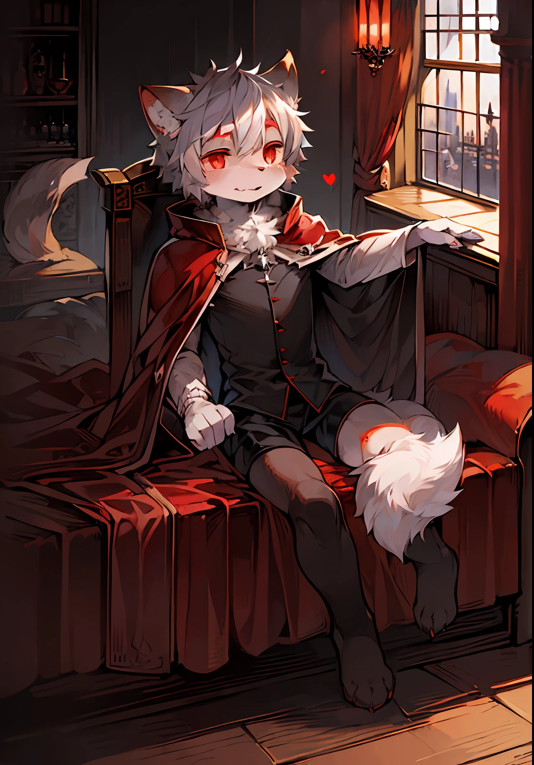 (dark environment:0.8),masterpiece, high quality, absurd res, digital painting \(artwork\), by dagasi, yupa,kiyosan,(anthro,fluffy fur,character focus:1.1),anthro male cat,short hair,portrait, bright eyes,panorama,character focus.(detailed background:0.7),solo,furry,furry male ,male focus,anthr,(Full body fur, fluffy tail, white fur,red eyes,gray hair:1.2),(long canines,vampire, cape:1.2),(interior,night, castle, coffin:1.1)