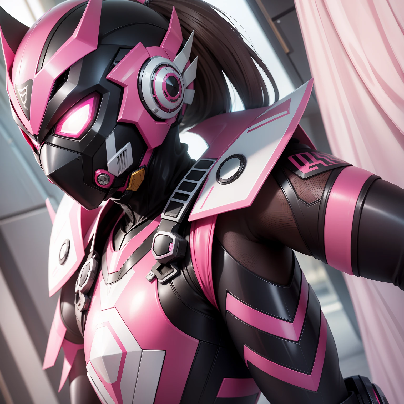 Kamen Rider, shape variation from Swam, Pink with white, mask covering face and eyes, girl, portrait only