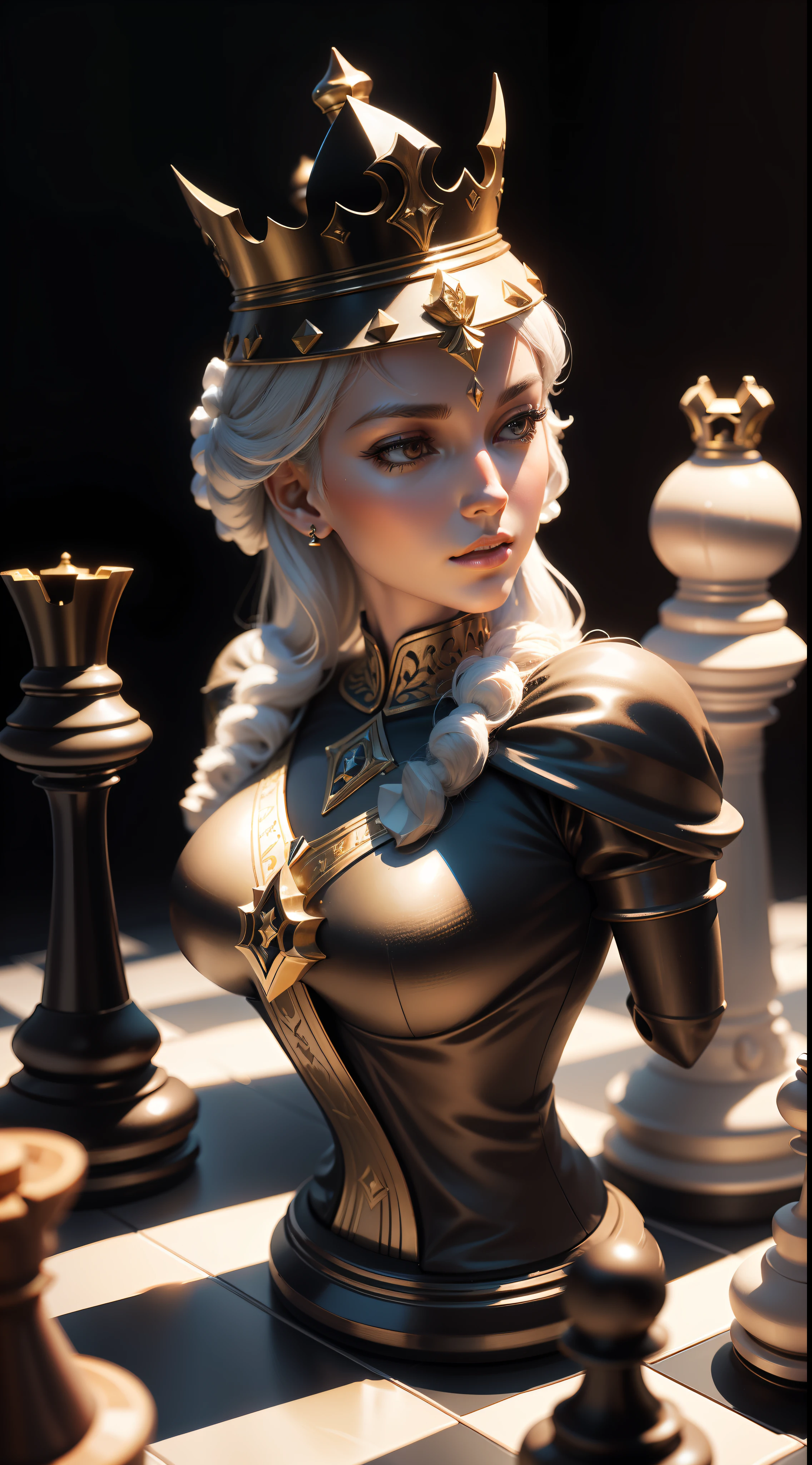 Pieces on a chessboard, chess game, chess, Chess tournament, Chess set, against dark background, Chess pieces, playing chess, artistation render, 3d with depth of field, closeup picture, Queen chess piece photo, Queen , medium close up shot, Chess pieces, Artistic interpretation, surreal chess, playing chess