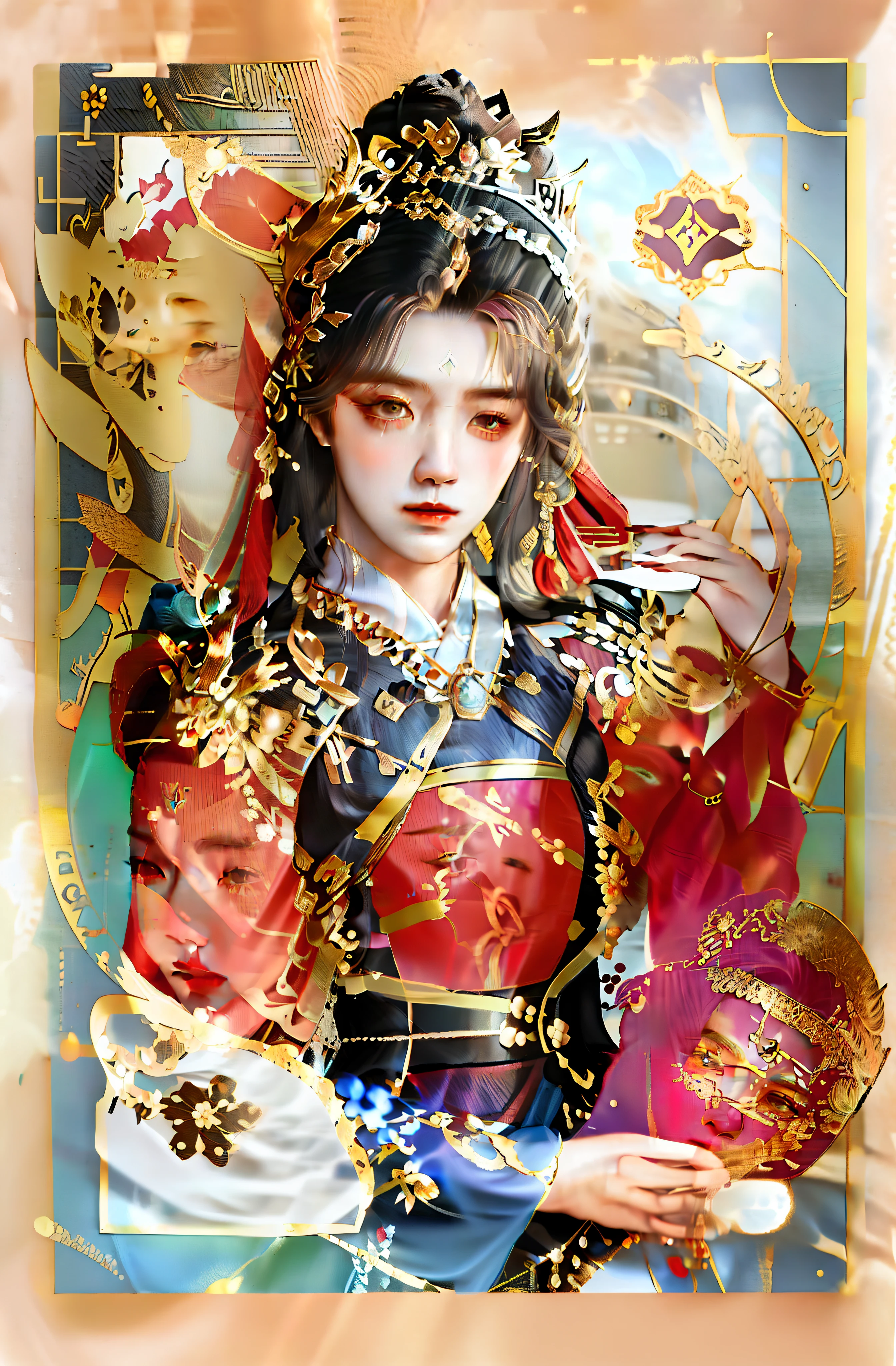 Use reasonable imagination about style and theme，Optimized for the following text based on Stable Diffusion's Prompt format:
"Antique illustration of women playing musical instruments, Showcasing the mysterious atmosphere of tarot card illustrations, Inspiration for the style of Utagawa Kokusei II, Inspiration for the style of Utagawa Kokusei, Inspiration for the Utagawa Kokusuda style, Image of the queen of tarot cards, The image of the Empress of China, The uniqueness of the tarot card design, High detail tarot card illustration, Gao Kegong's creative inspiration, Wang Yi's creative inspiration".