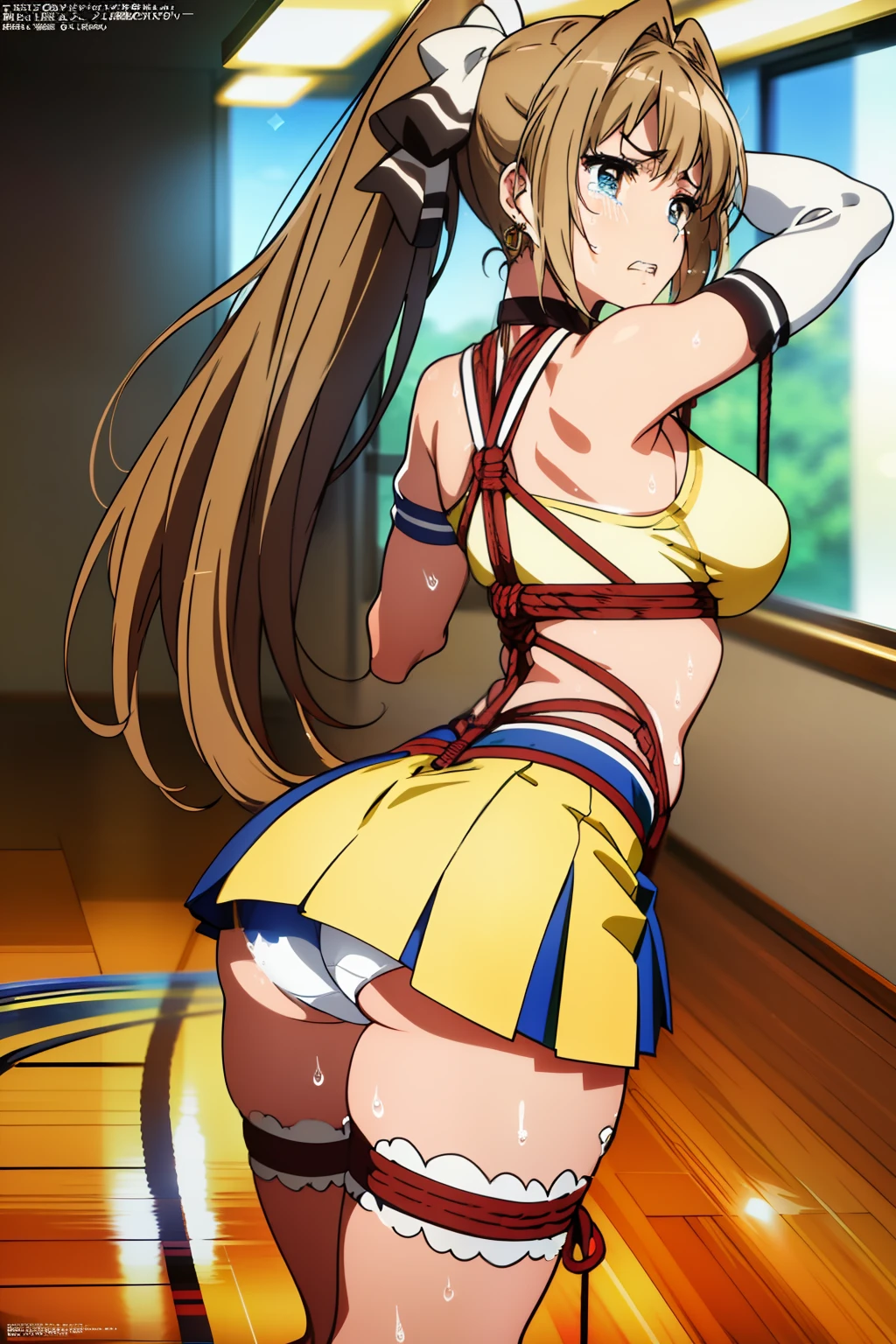 Sento Isuzu,cel anime,official art, (back shot,ass,butt up,back view,ass,butt up,from miniskirt,from behind:1.2),(thighs:1.1),back facing,show off panties from miniskirt, (ass view from miniskirt:1.3),(sweat skin:1.3),(day), classroom,(cute cheerleader uniform costume,cute super short miniskirt,sexy white panties:1.2),brown_hair,brown_eyes,long_hair,ponytail,(rope shibari over the clothes:1.4),(arms behind head), (upskirt1.2),panties focus,stand split leg, i-balanced, 1 girl, 18yo,Young female,Beautiful Finger,Beautiful long legs,Beautiful body,Beautiful Nose,Beautiful character design, perfect eyes, perfect face, (frown,shame,embarrassed,anger,troubled eyebrows,crying,opened eyes tightly, closed mouth,clenching teeth,full face blushing,:1.2),looking back,(Beautiful,large_Breasts,natural pointy tits:1.2), (beautiful_face:1.5),(narrow_waist),panties,cameltoe,erotic,choker, white gloves, elbow gloves, jewelry, earrings, NSFW,extremely detailed CG unity 8k wallpaper, perfect lighting,Colorful, Bright_Front_face_Lighting, (masterpiece:1.0),(best_quality:1.0), ultra high res,4K,ultra-detailed, photography, 8K, HDR, highres, absurdres:1.2, Kodak portra 400, film grain, blurry background, bokeh:1.2, lens flare, (vibrant_color:1.2),