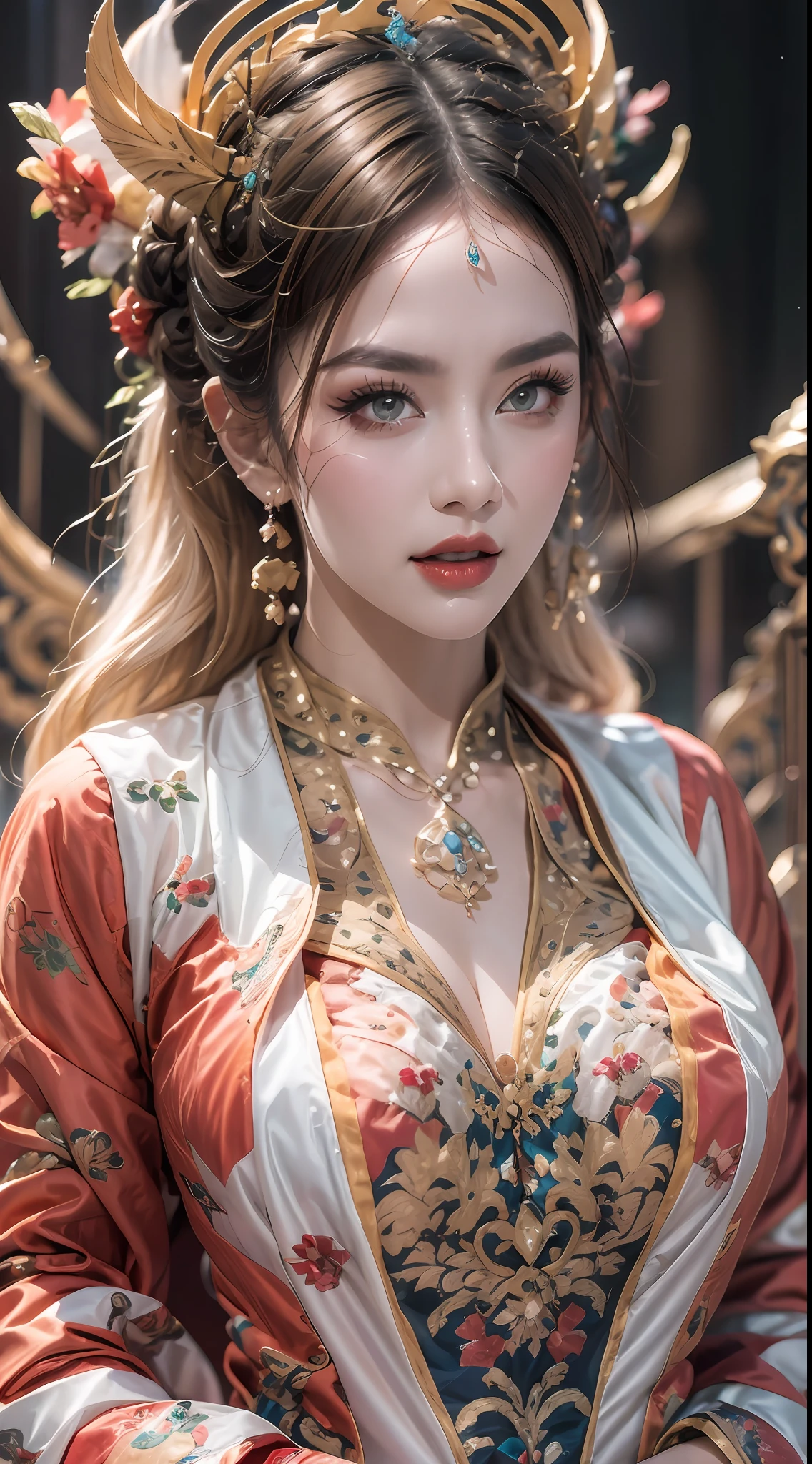 portrait of a beautiful 20 year old holy woman, wearing a thin multicolored silk dress, beautiful face without blemishes, ((natural smile:0.3)), Mouth closed, ((7-color hair length:1.2)), big crown, hair brooch, hanfu dress, chinese ancient style, full body jewelry, forehead tattoo, super even chest, face, red lips, delicate pink and white eyes (white and detailed) cinematic, light and dark, dramatic lighting, magical light, extremely detailed light, true color, super sharp, realistic, 8k quality, fantasy universe background, saints and magical space, the most detailed images, Exhibition photo, awarded, Eye-catching bright tone effect,
