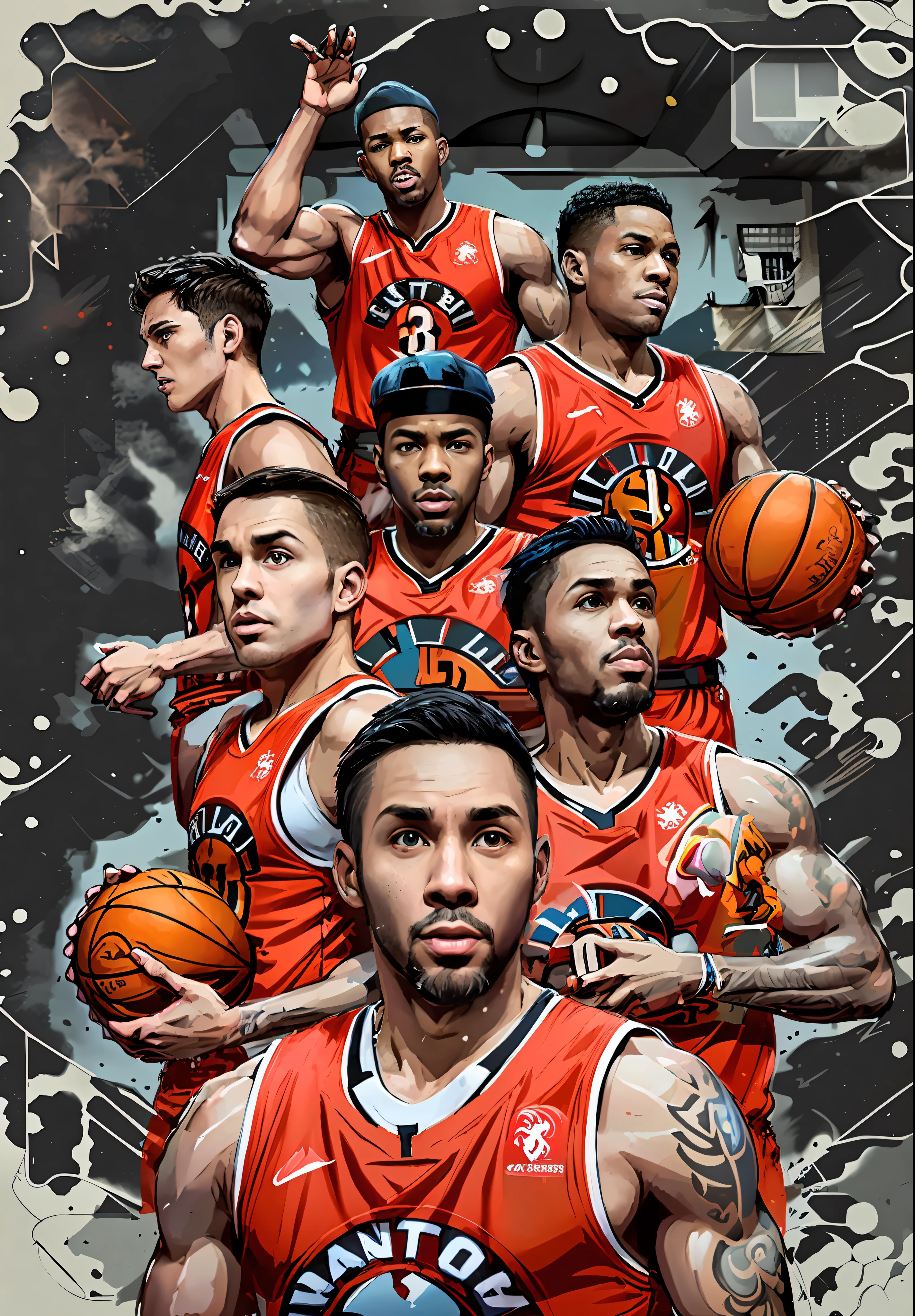 Close up of basketball player holding basketball, raptors, warriors fan art, inspired by Patrick Brown, official fanart, hyper detail illustration, posterized, Wallpaper phone, art cover illustration, closeup cleavage!!!!!!, official fan art, 1 : 1 hyper illustration, nba finals, official print, tom richmond illustration, illustrated!!, GTA, author:Mario Cooper