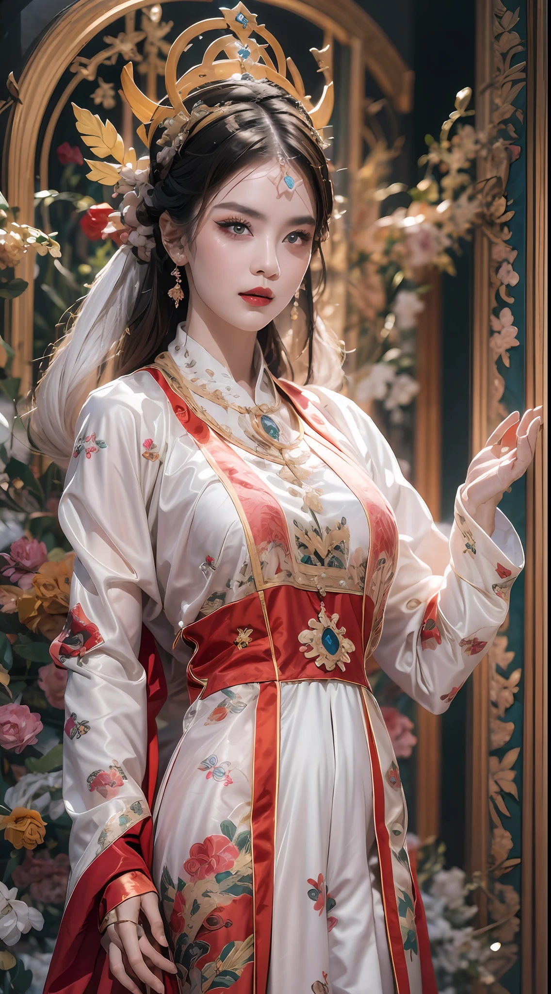 portrait of a beautiful 20 year old holy woman, wearing a thin multicolored silk dress, beautiful face without blemishes, ((natural smile:0.3)), Mouth closed, ((7-color hair length:1.2)), big crown, hair brooch, hanfu dress, chinese ancient style, full body jewelry, forehead tattoo, super even chest, face, red lips, delicate pink and white eyes (white and detailed) cinematic, light and dark, dramatic lighting, magical light, extremely detailed light, true color, super sharp, realistic, 8k quality, fantasy universe background, saints and magical space, the most detailed images, Exhibition photo, awarded, Eye-catching bright tone effect,