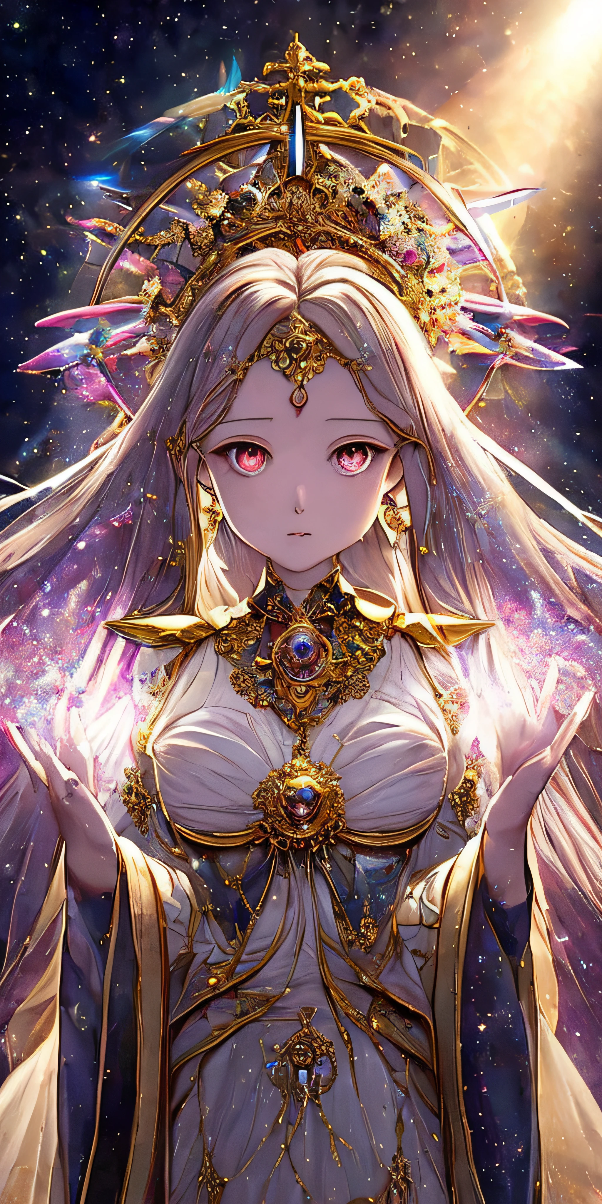 Super beautiful glowing eyes、((top-quality)), ((masterpiece)), ((realisitic)), portlate,
1girl in、Um ser celestial、Deities、goddes、Particles of light、The halo、looking at the viewers、
(bio luminescent:0.95)、Vivid、colourfull、Farbe、(Shines、Shines)、
(Beautiful composition)、lighting like a movie、with an intricate、(Symetrical:0.5)、capricious、