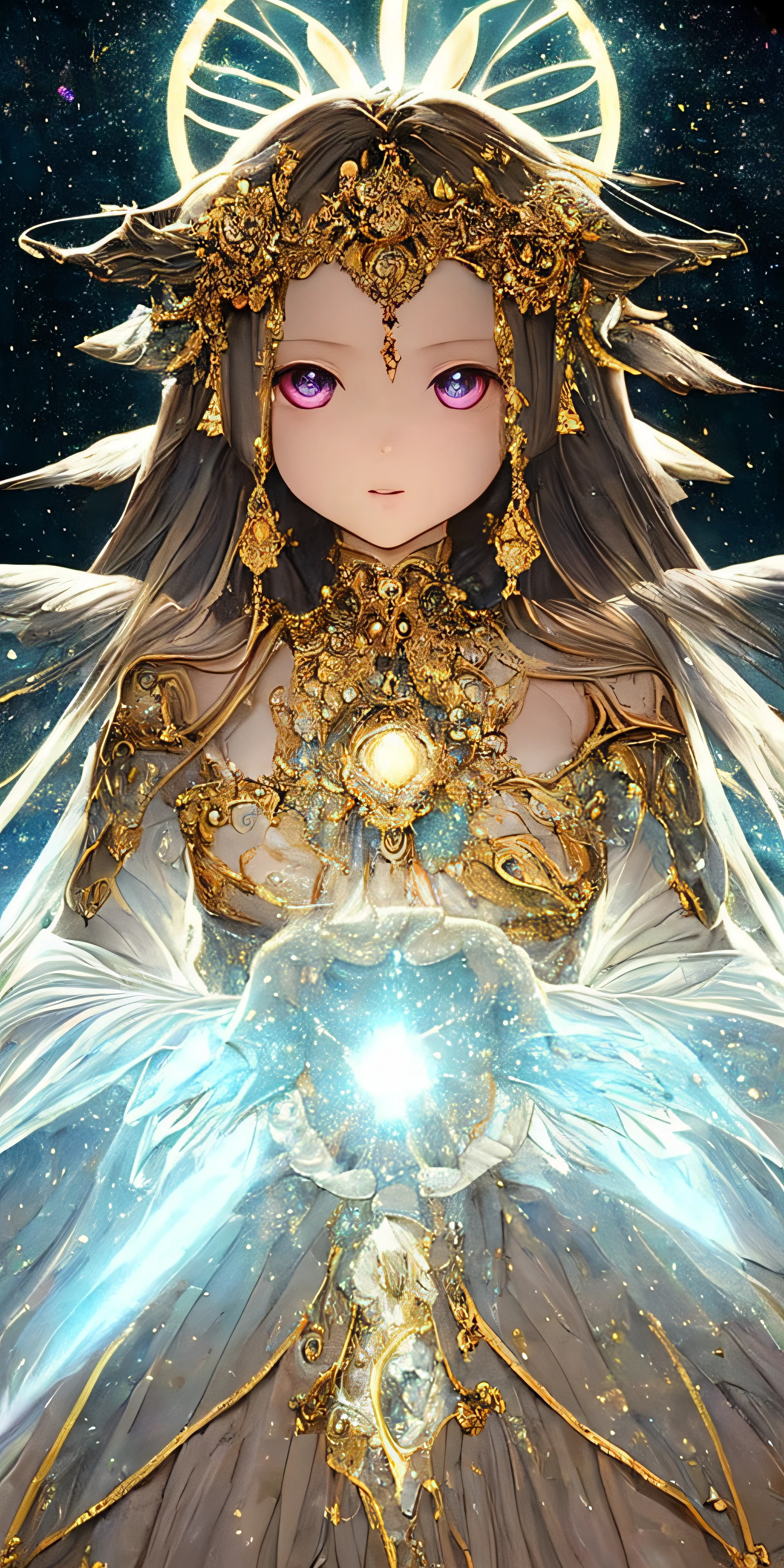 Super beautiful glowing eyes、((top-quality)), ((masterpiece)), ((realisitic)), portlate,
1girl in、Um ser celestial、Deities、goddes、Particles of light、The halo、looking at the viewers、
(bio luminescent:0.95)、Vivid、colourfull、Farbe、(Shines、Shines)、
(Beautiful composition)、lighting like a movie、with an intricate、(Symetrical:0.5)、capricious、