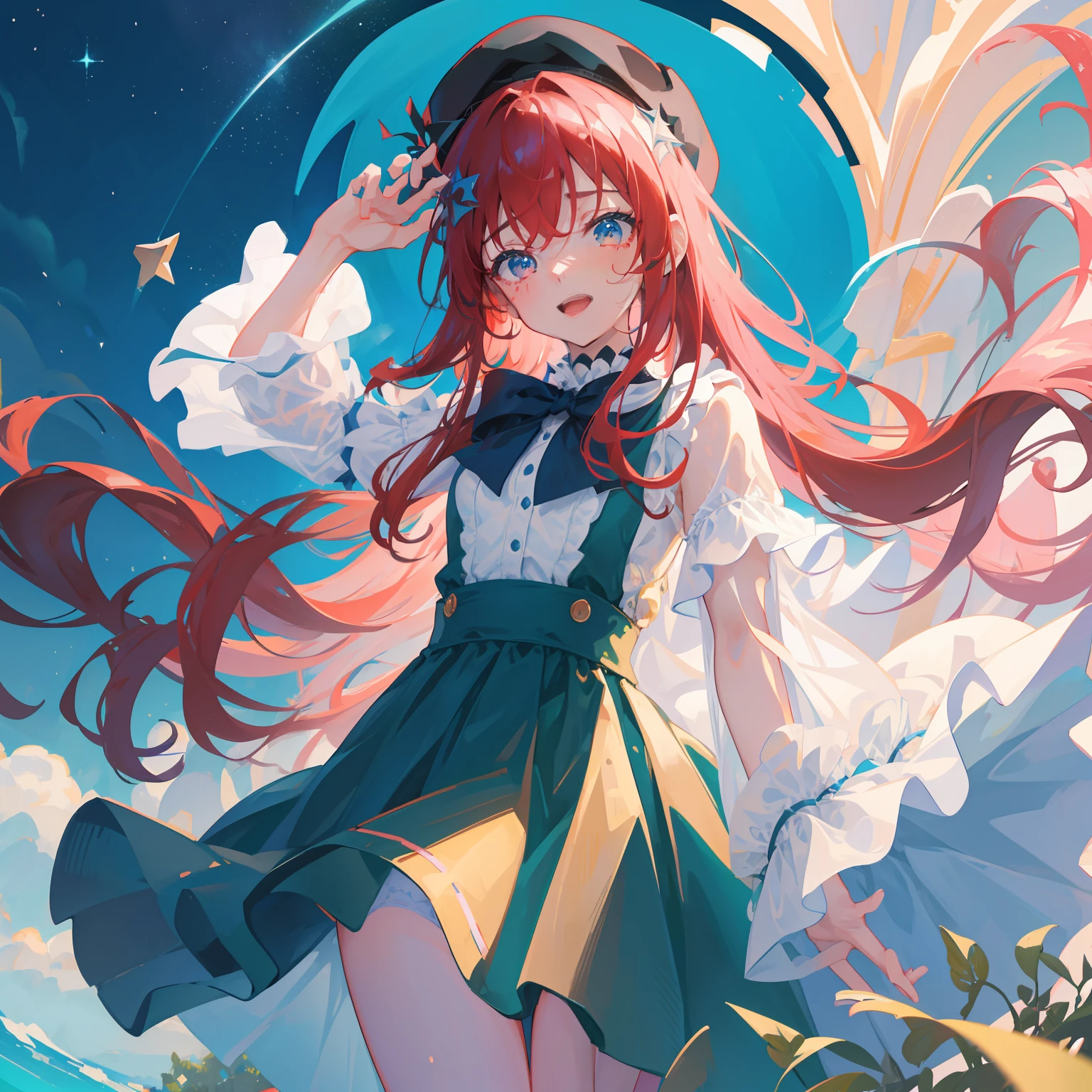 cowboys_shot, up looking_で_viewer, Personage as the main perspective, Flying_Drops of sweat, extra detailed body, flat chest, girl,Woman,Female, ,5 yearry long hair, hair messy, wept bangs, hair between eye, side locks, red hair red hair, beautiful detailed Glass hair, snowflakesdetailed cute anime face, Smile, Beautiful detailed gemological eyes, spiky_Ears, Open_Mouth, Fingernails, flat chest best quality, Red Eyes,Blue skin、Blue skin、 Blue skin, Black_Bow, beret, Choker, Overskirt,White Dress,frilld, No_Bra, Shorts, knee_long boots, See-through, Green clothing、Green dress、Green clothes, Beautiful detailed sky, night star, Starry sky, the Extremely Detailed CG Unity 8K Wallpapers, extremely detailed CG unified 8k wallpaper, Very detailed CG 8k wallpaper,