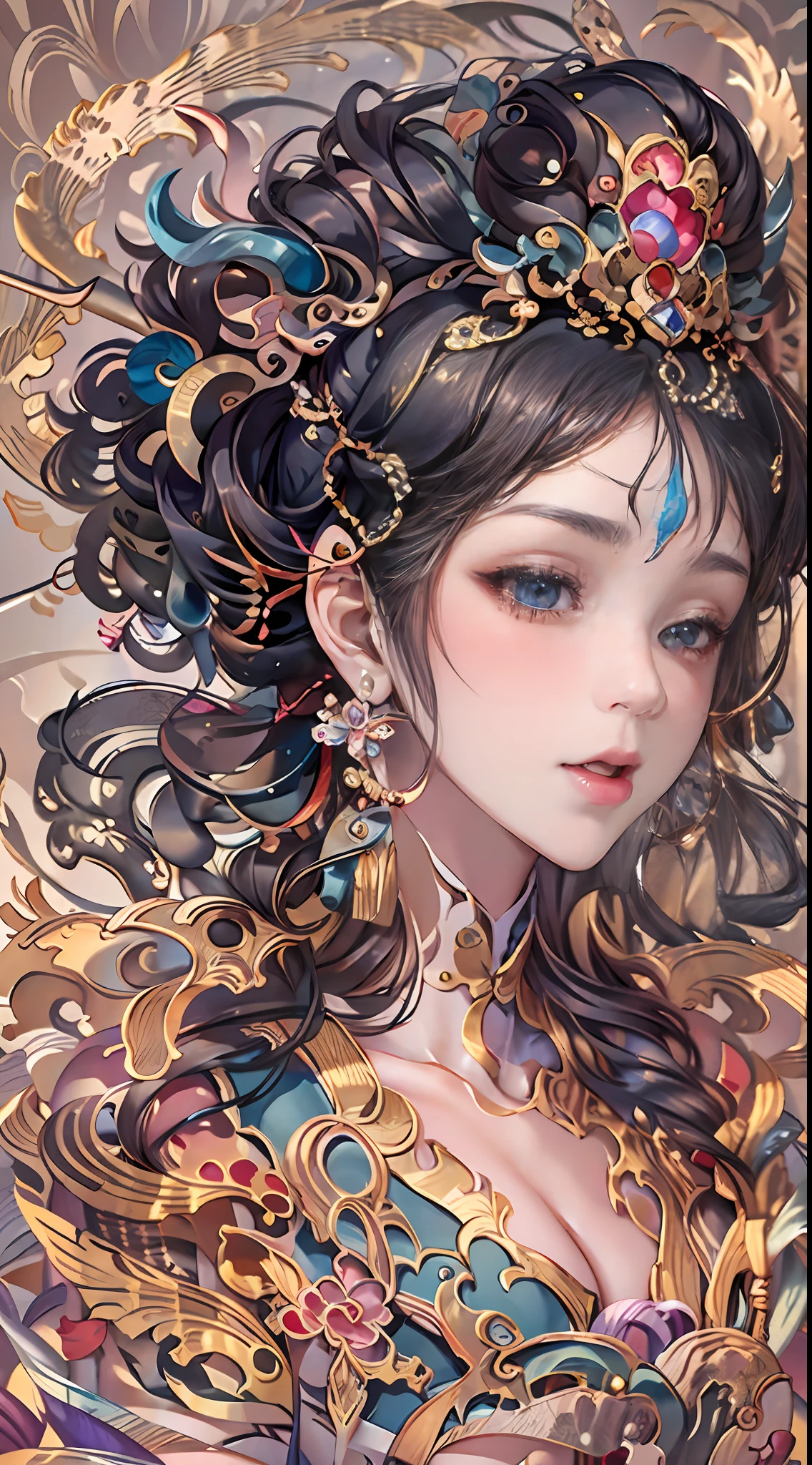 offcial art,统一 8k 壁纸,ultra - detailed,Beauty and aesthetics,tmasterpiece,best qualtiy,(zentangle,Tangled,entangle),(s fractal art:1.4),Black color hair,chineseidol,Chinese woman,The is very detailed,dynamic angle,casting spells,coloured with lots of colour,(Chaos in its most beautiful form),flowy,(vivd colour),overclocking,Chinese big breasts,(Ribbons:1.3),(dream magical:1.5),(Hanfu:1.5),chinesedragon,Chinese Phoenix,(ssmile:0.5 ),(chinese deity),Magical light and shadow,Perfect face,perfect hand