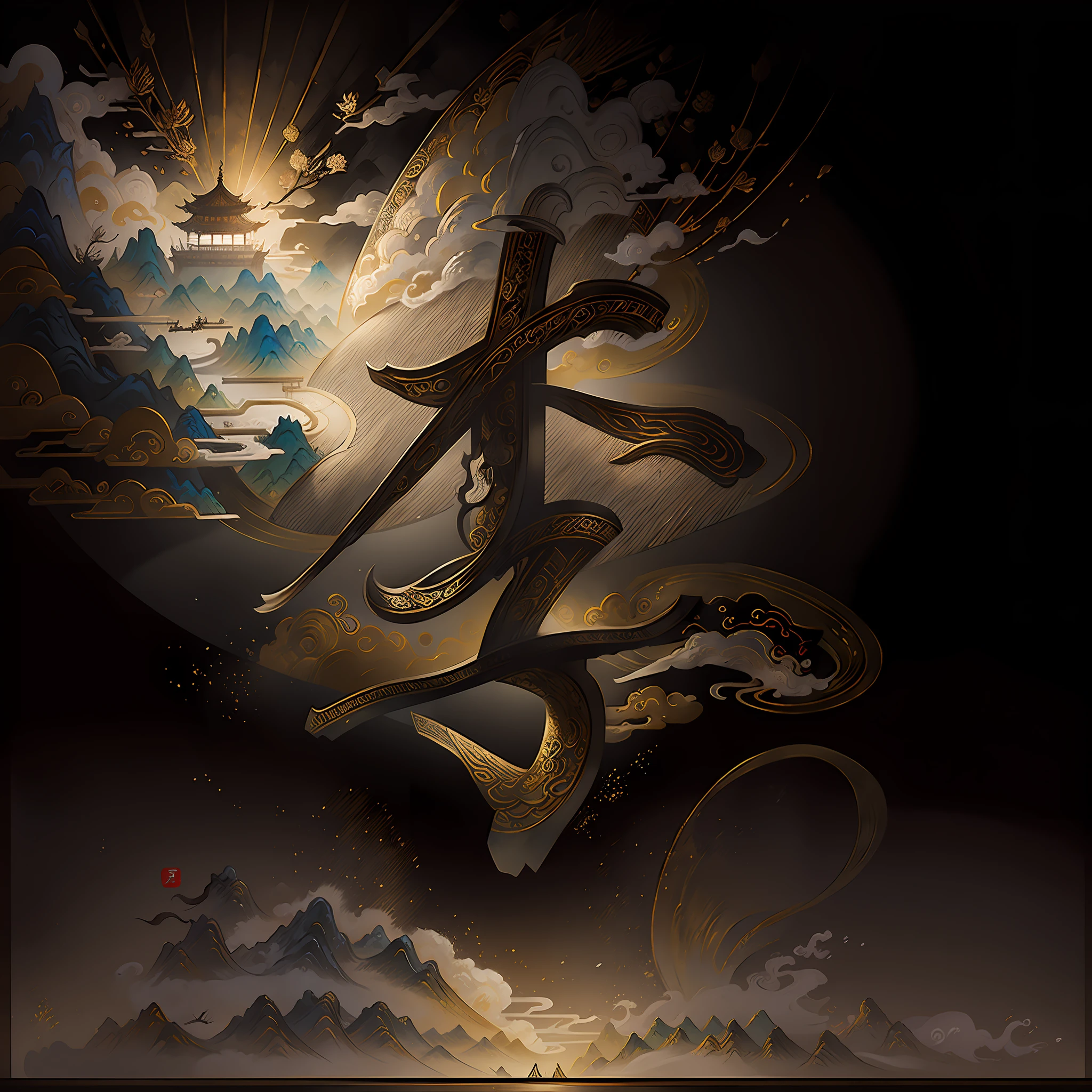 An ancient Chinese painting, ancient Chinese background, mountains, rivers, auspicious clouds, pavilions, sunshine, masterpieces, super detail, epic composition, ultra HD, high quality, extremely detailed, official art, unified 8k wallpaper, Super detail, 32k -- v 6