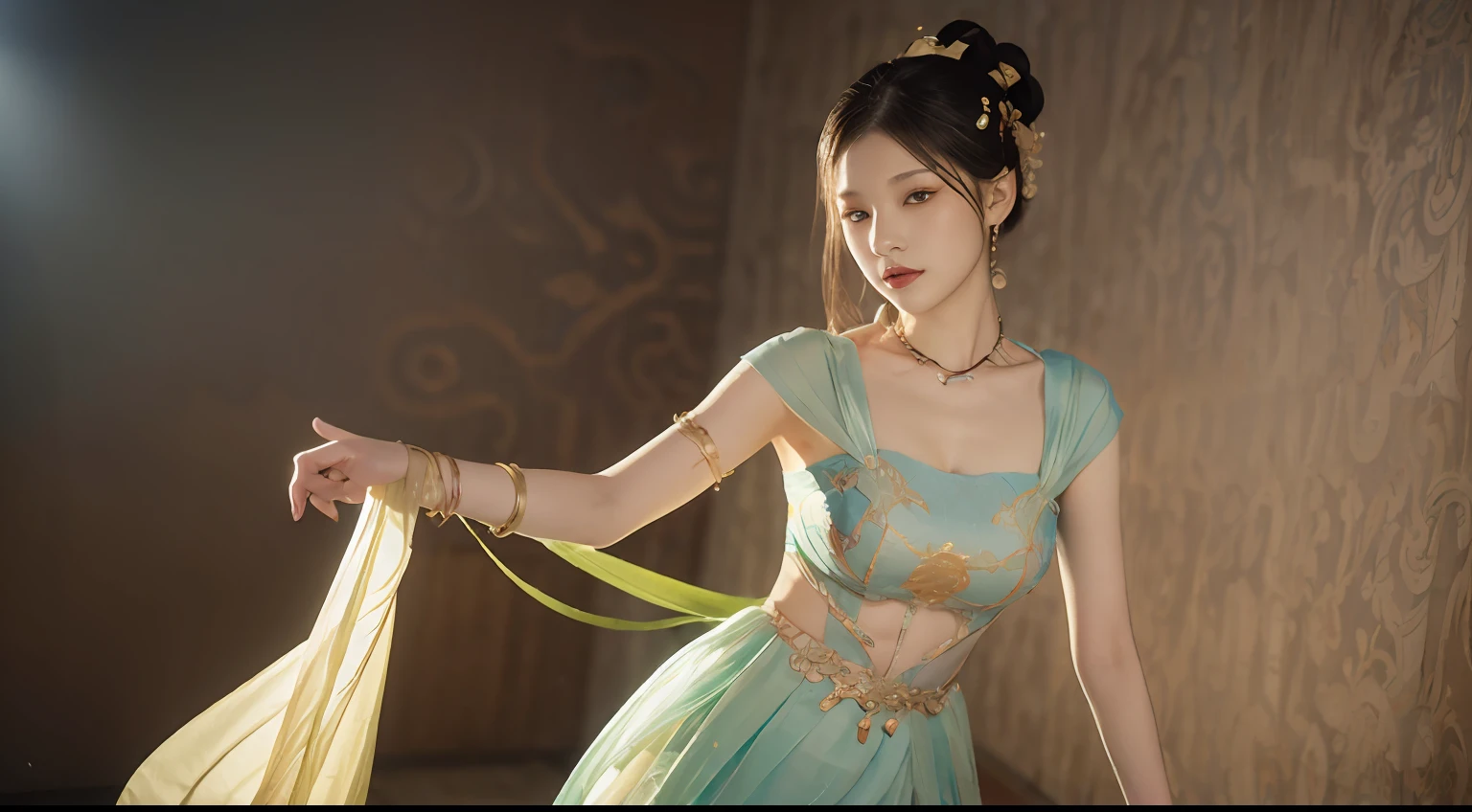 (8k, RAW photo, best quality, masterpiece:1.2), (realistic, photo-realistic:1.4), (extremely detailed CG unity 8k wallpaper), 1 girl solo, dance, dunhuang_dress, dunhuang_style, dunhuang_background,