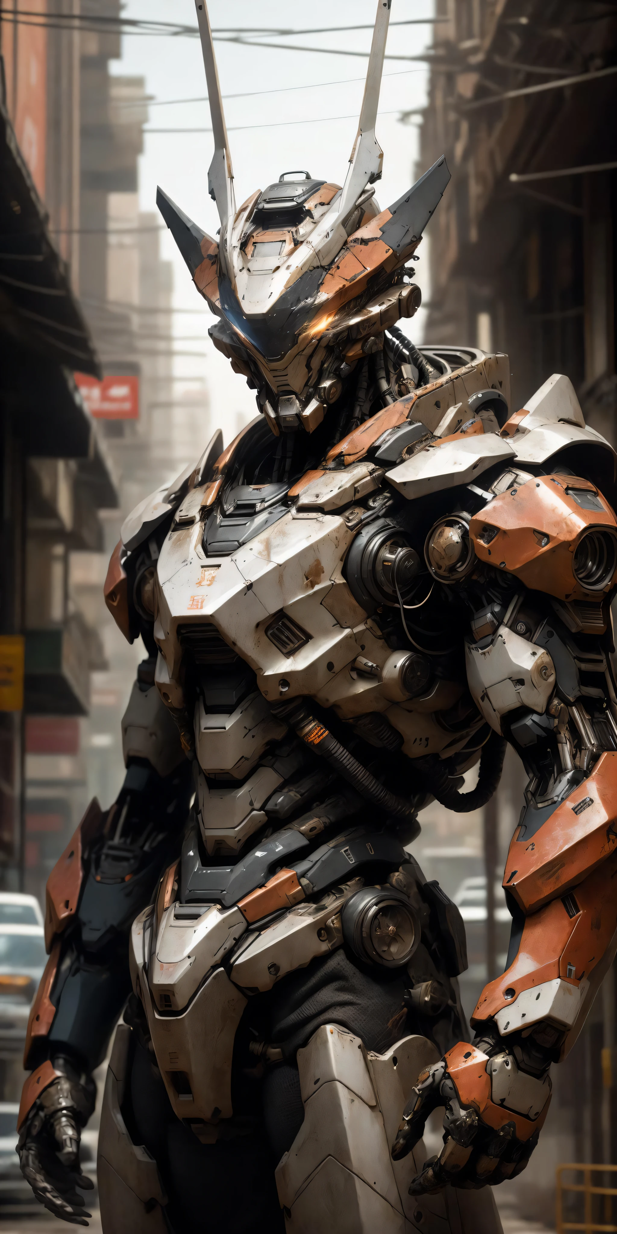 Portrait photo of an alpha male, perfect eyes, in a worn mecha suit, intricate, (steel metal [rust]), elegant, sharp focus, photo by greg rutkowski, soft lighting, vibrant colors, masterpiece, ((streets)), cowboy shot, dynamic pose,