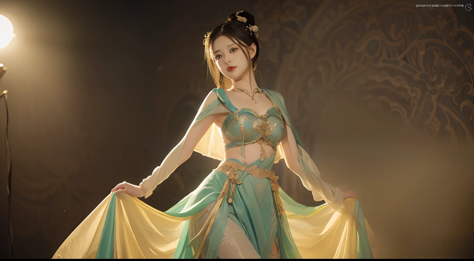 (8k, RAW photo, best quality, masterpiece:1.2), (realistic, photo-realistic:1.4), (extremely detailed CG unity 8k wallpaper), 1 girl solo, dance, dunhuang_dress, dunhuang_style, dunhuang_background,
