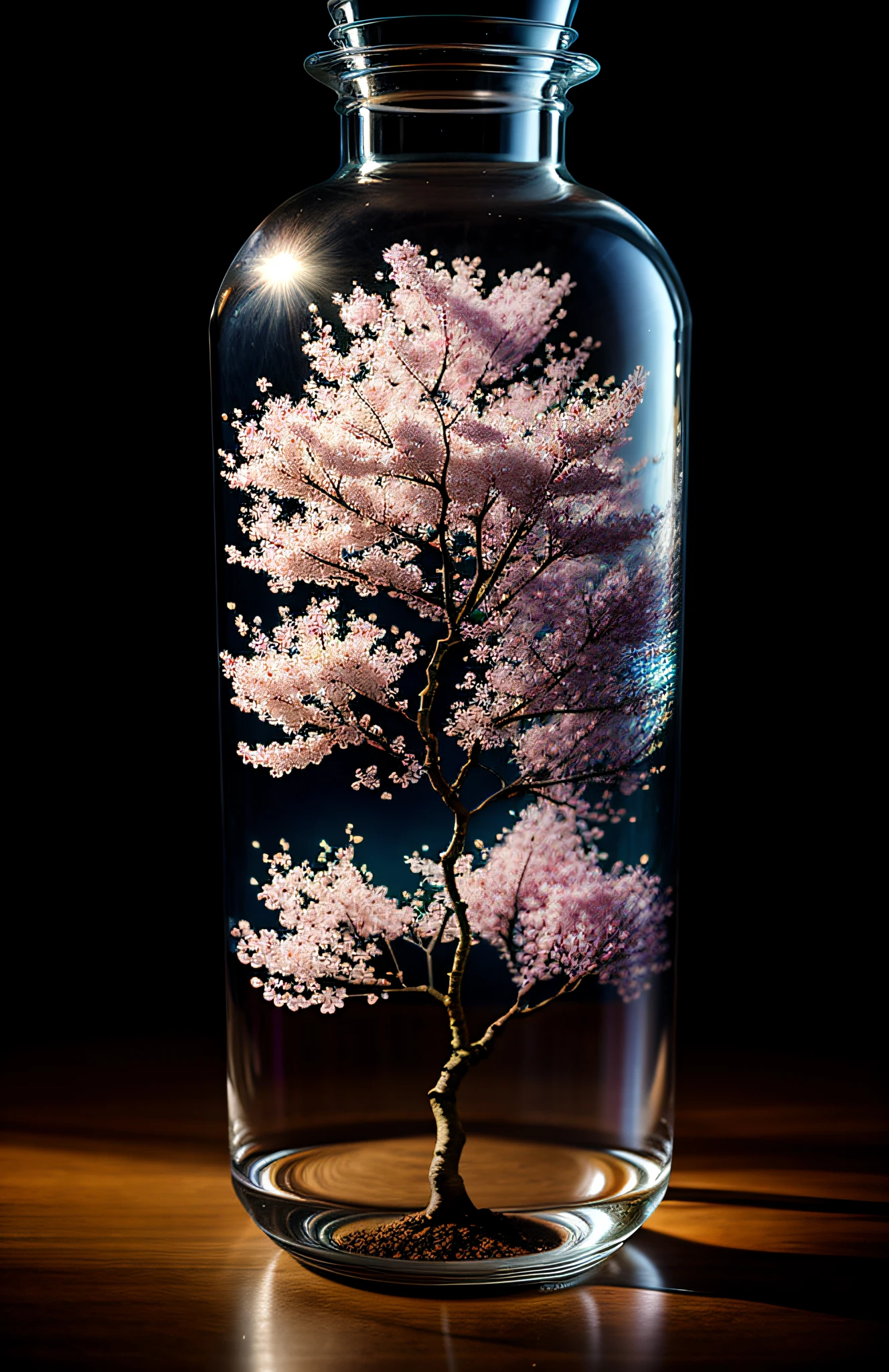 Cherry blossom tree in a bottle, Fluffy, Realistic, Atmospheric light refraction, author:Lee Jeffries Nikon D850 Film Stock Photo 4 Kodaport 400 Camera F1.6 Shots rich colors Ultra-realistic realistic textures Dramatic lighting Trends on Unreal Engine ArtStation CineStill 800, Style-Glass