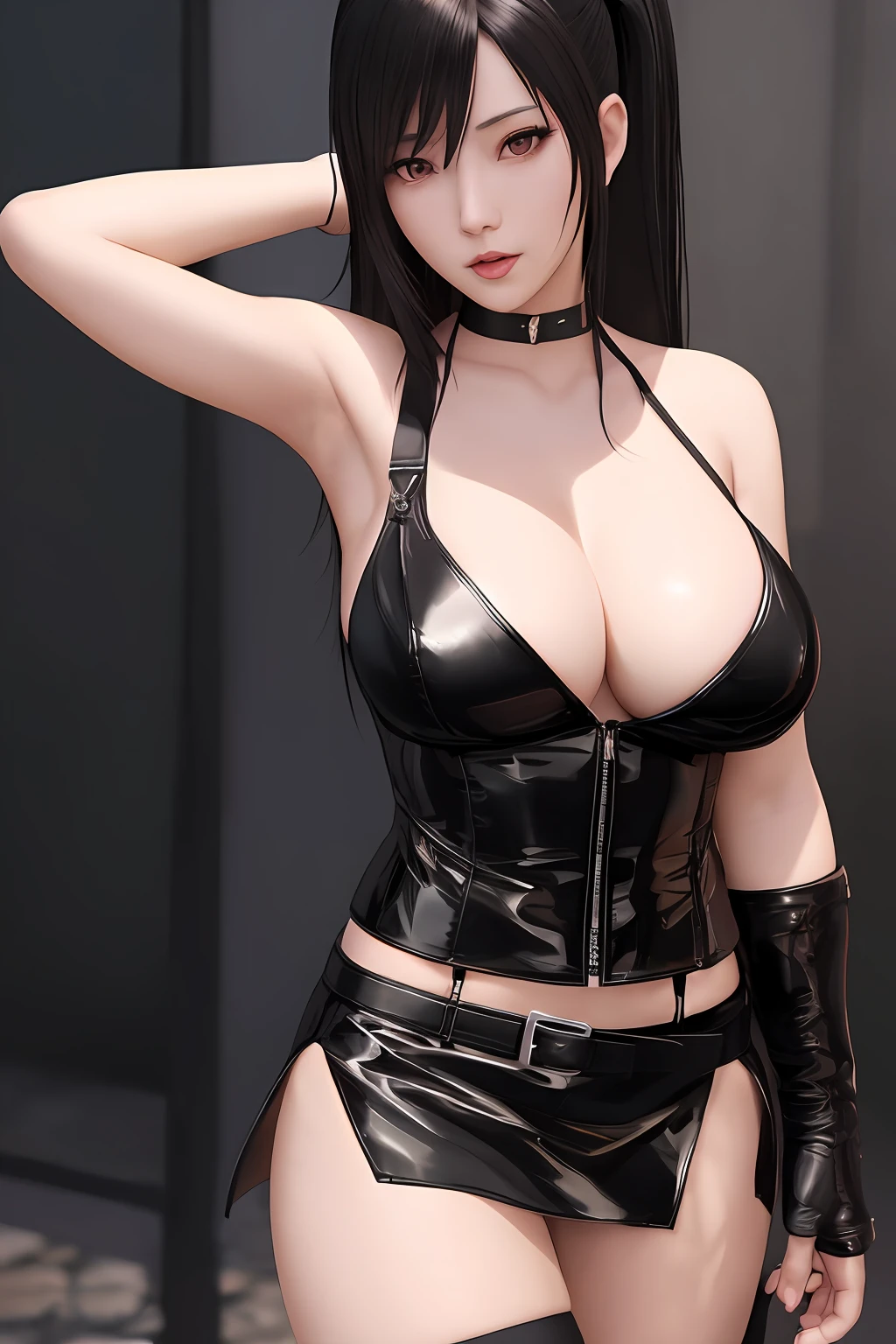 Sexy Japan woman in black leather dress with sword and rose petals, a short skirt、Ultra mini skirt、I can see the white panties.beautiful thigh、poneyTail、Beautiful panties、Beautiful belly button、seductive tifa lockhart portrait, Tifa Lockhart, Tifa, glamorous tifa lockheart, tifa lockhart portrait, by Yang J, Tifa Lockhart, Portrait of Tifa Lockhart, ig model | ArtGerm, Trending on CGSTATION, beautiful alluring anime woman