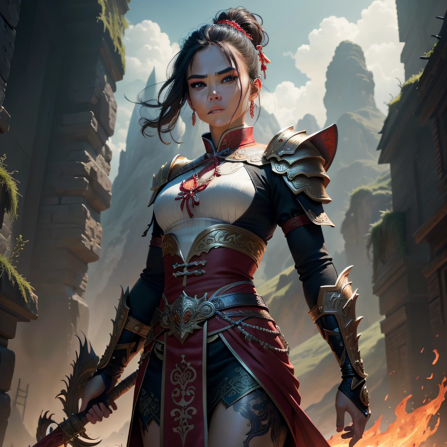 Odelshoot style, (Extremely detailed 8k wallpapers),Superheroes of different countries in the eyes of AI，nature backdrop，Small chest，Ancient China，the god of war，With a weapon in his hand，Red Tassel Spear，There is a Chinese dragon in the background，short detailed hair，The perspective is viewed from the bottom up，Magnificent，iintricate, High detail, Dramatic, Fantasy world, Fantastic location, skin pore, very dark lighting, heavyshading, Detailed, Detailed face, (vibrant, photograph realistic, Realistic, Dramatic, Dark, Sharp focus, 8K), Heroes, Far away,