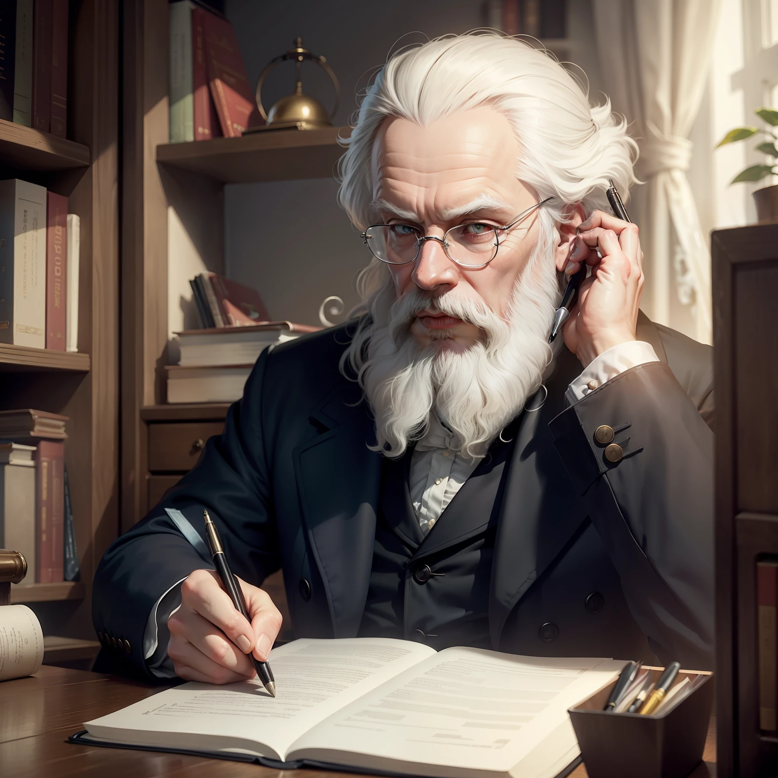 A white-haired Karl Marx holds a pen in his hand,Sit at a desk in the study and write a manuscript