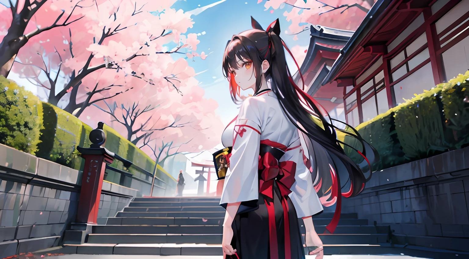 ((Masterpiece, Best Quality)), (More details), 1 girls, black kimono, black garter, black ribbon, black hair, cherry blossoms, days, flowers, hair ribbon, Japanese clothes, Japanese katana sword, Kusanagi no Tsurugi sword, kimono, long hair, look at the audience, look back, multiple girls, belt, outdoors, brown eyes, red hair, ribbon, sandals, stairs, standing, statue, torii, tree, white kimono, yellow eyes, best wallpaper 4k, ray tracing