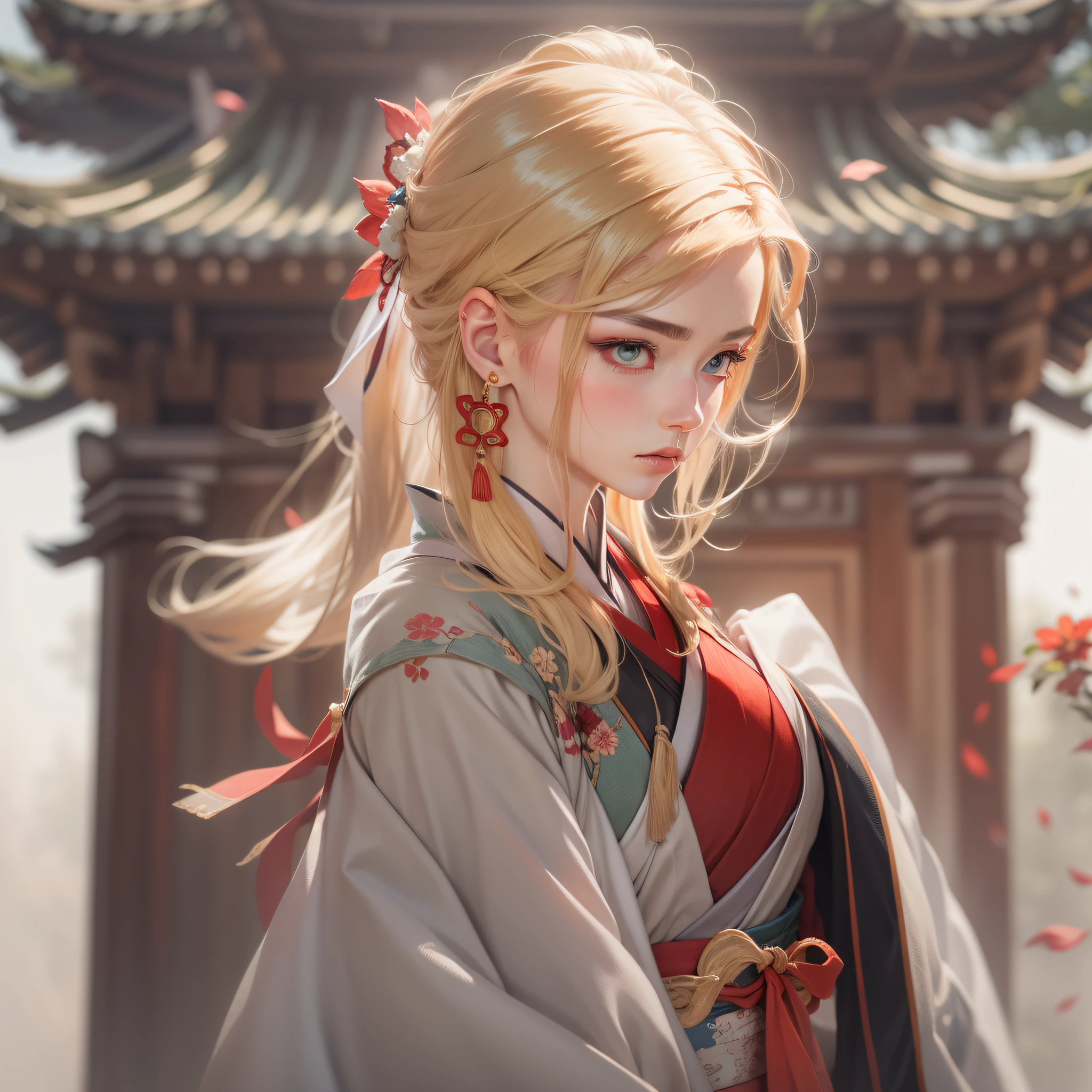 Wearing Hanfu, mtu, strong, stately, Xiu Xian protagonist, blonde hair, red hair, Surrealism, cinematic lighting, UHD, masterpiece, highres, 16k, best quality