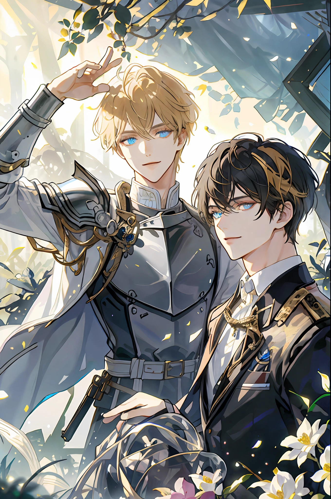 ((Masterpiece: 1.2, top quality)), ((2 men)), short blond hair, blue eyes (handsome: 1.4), white suit, uniform, royalty, tough black knight, short black hair, golden eyes, scar on right eye, black armor, fantasy, forest, blooming flowers, sunlight, fantastic light and shadow, landscape, highly detailed face, portrait, smile