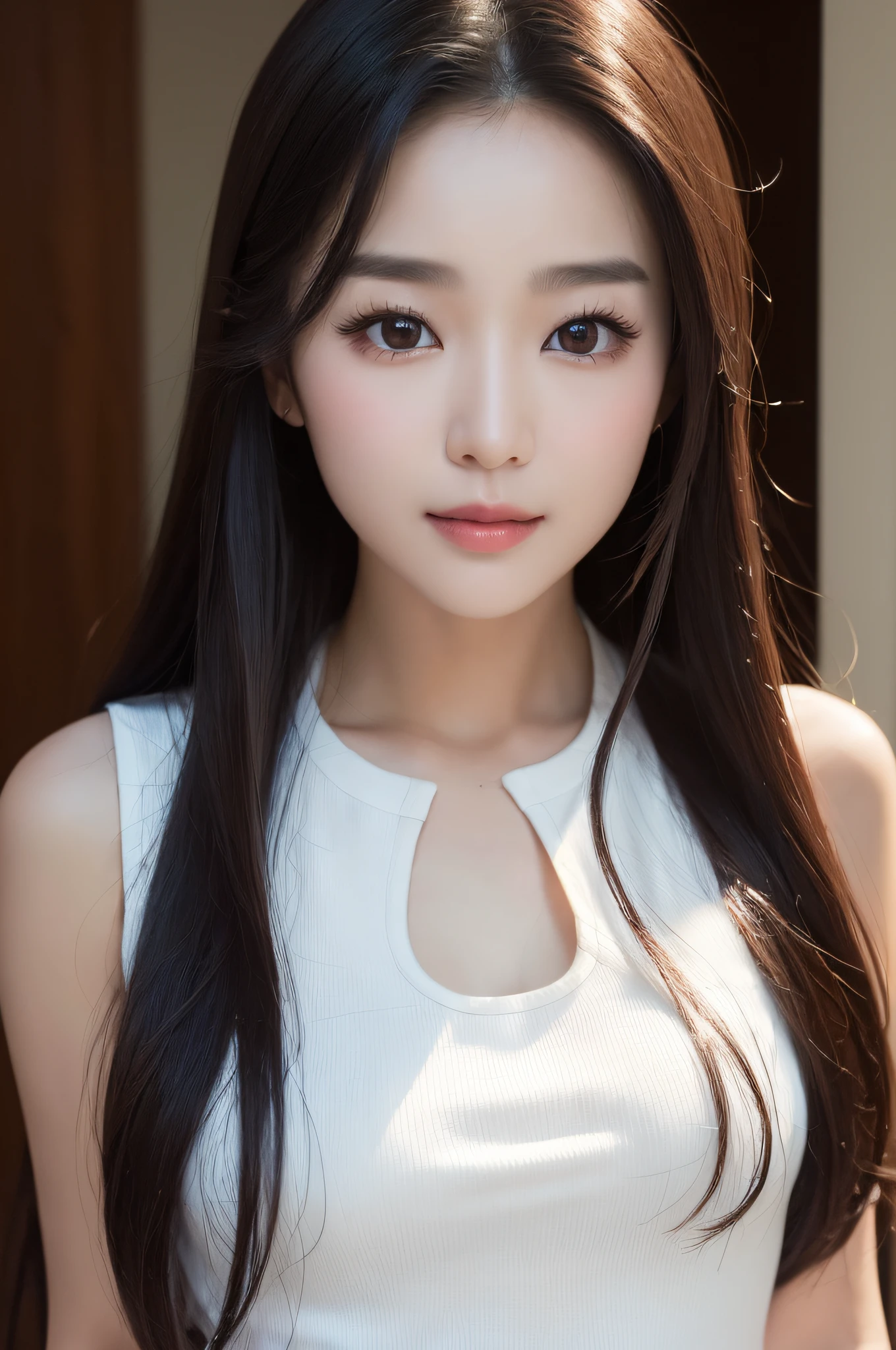 ((best qualtiy、8k masterpieces:1.3))、foco nítido:1.2、(ultra beautiful faces:1.0)、(shinny skin:1.0)、photos realistic、A dark-haired、Video Lighting、High-definition eyes and face、Video Lighting、(Korean Cute Actress)、from the front side、medium large breasts、ssmile、Sleeveless、Slender Abs Beauty、Wearing a white blouse