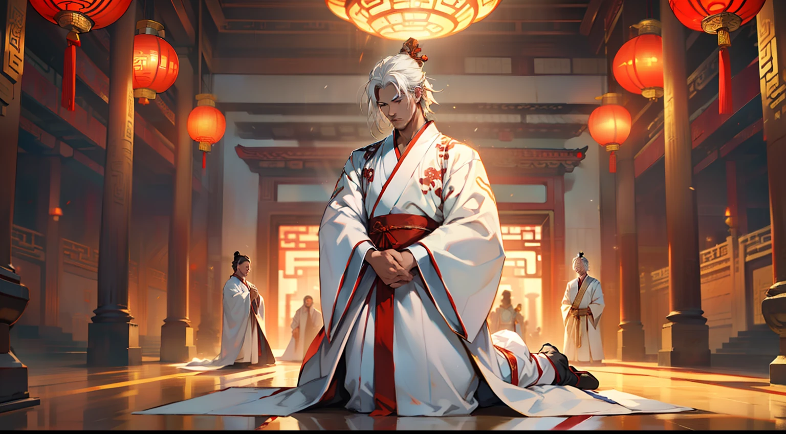 (1 person) (Middle aged, (White coat), (White Hanfu youth), (White hair), , Outstanding temperament, kneels on the ground) (Background: Sacred and magnificent inside the hall of the ancient Chinese imperial palace)