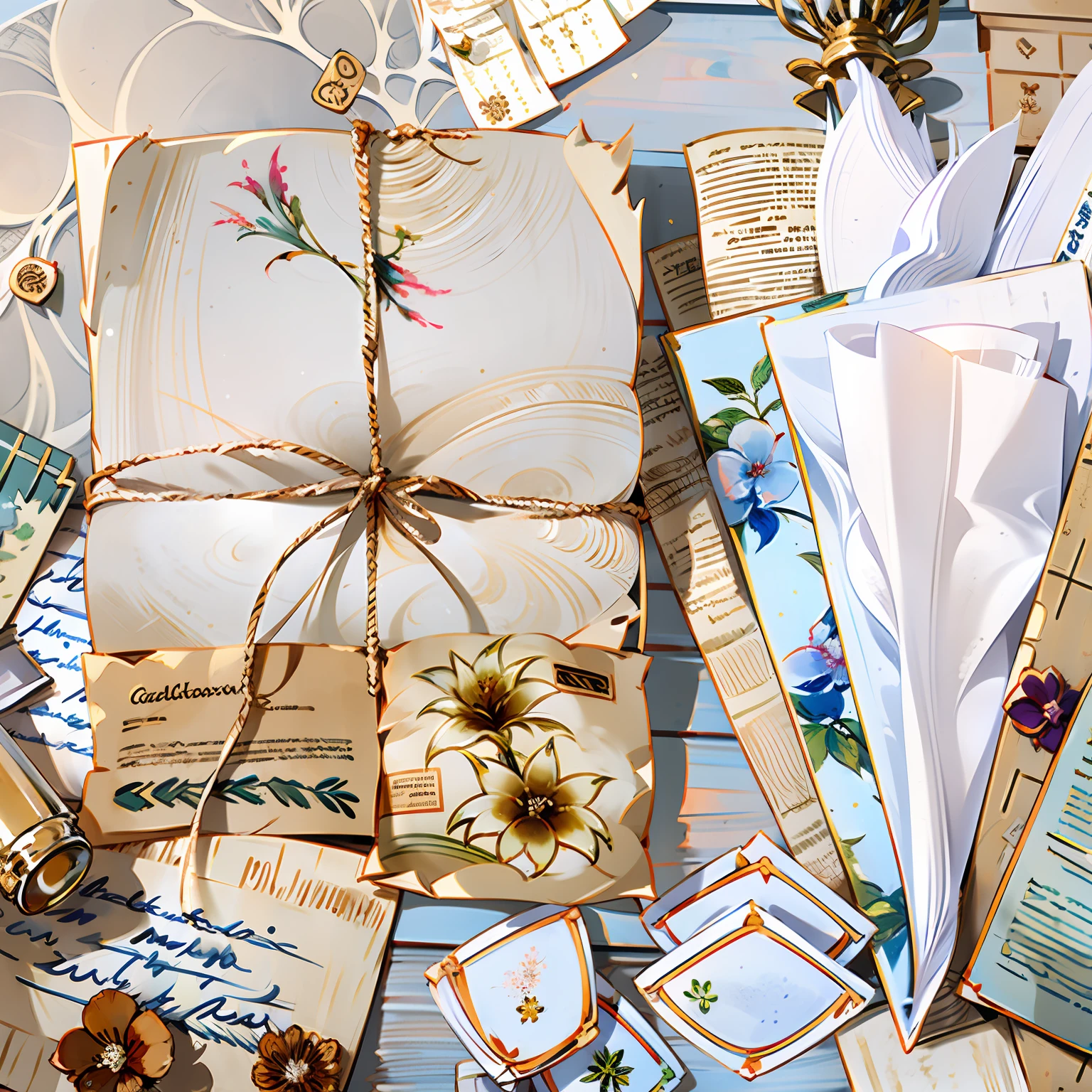 There are many different types of paper and cards on the table, botanical herbarium paper, delicate garden on paper, Old vintage paper, on a botanical herbarium paper, Dyed paper, retro aesthetic, high quality paper, vintage muted colors, Cream paper, Watercolor paper, documents on desk, Random, Watercolor paper, 5 e, Faded parchment