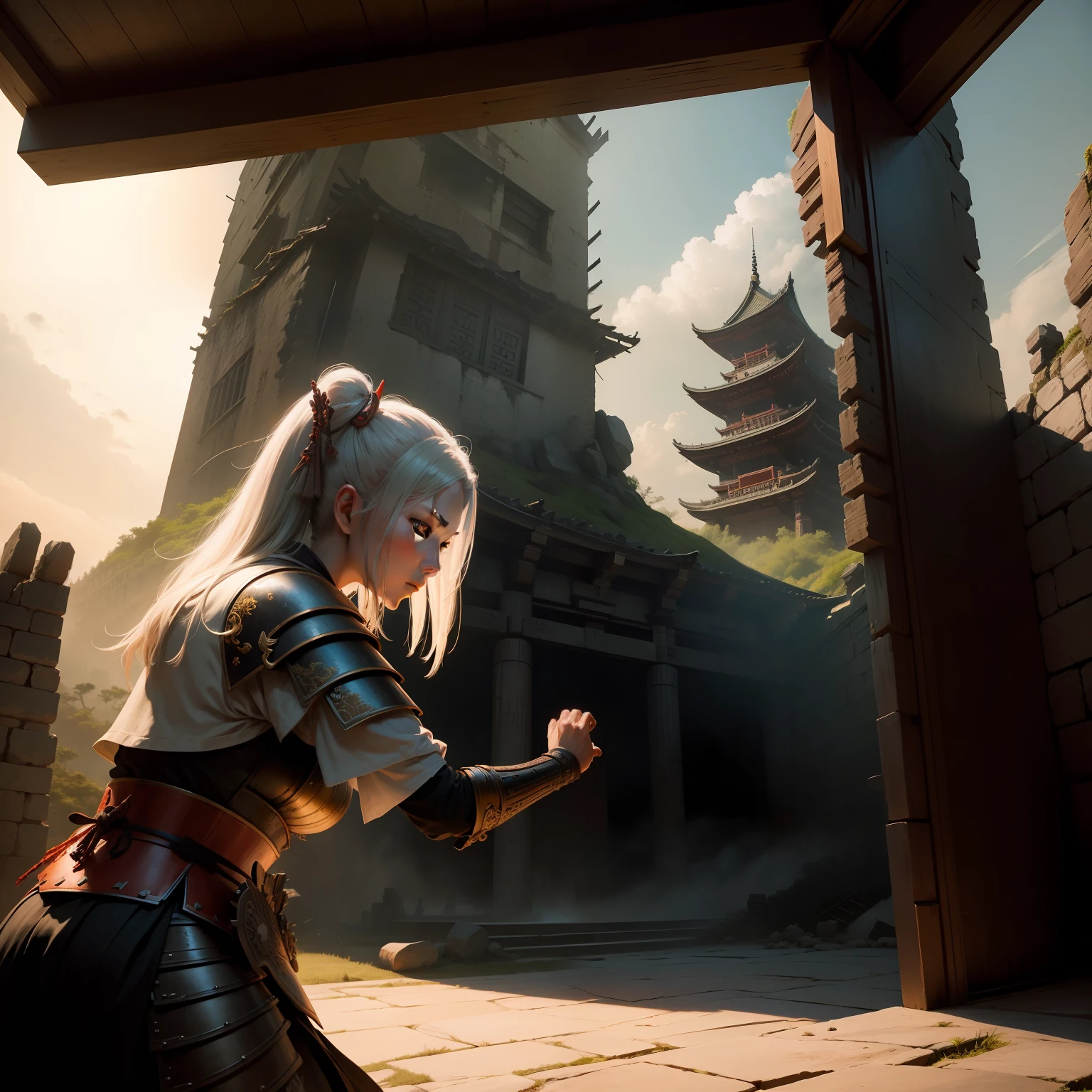 A female samurai in armor,In a tower that is about to collapse,Fight a monster,Film light and shadow,low-saturation,Bright light,In the background is a broken Buddha statue
