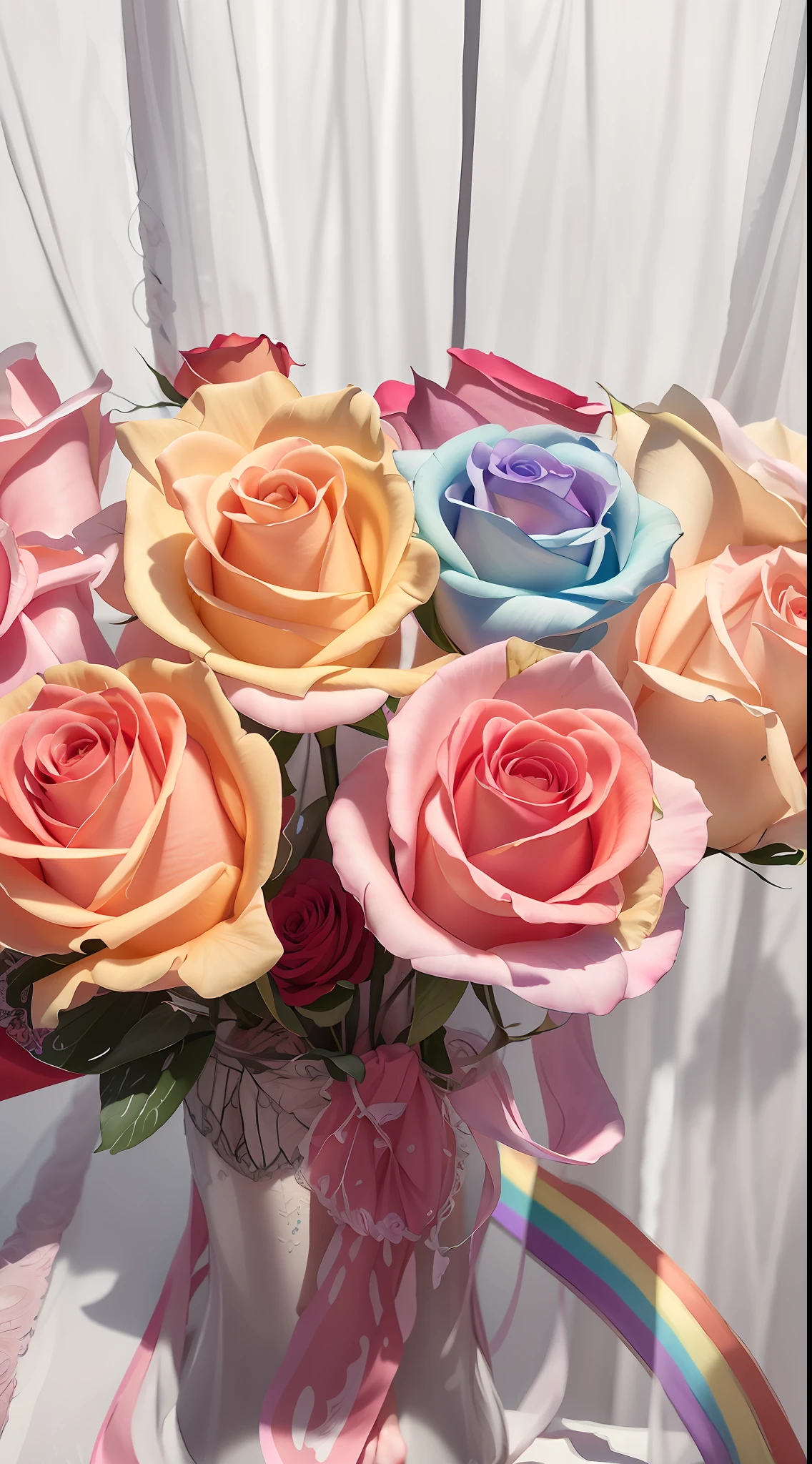 There is a vase,There is a bouquet of roses inside, pastel roses, pastel overflow, 🎀 🗡 🍓 🧚, 🎀 🧟 🍓 🧚, rainbow gradient bloom, Magical flowers, pastel rainbow, pastel rainbow, melanchonic rose soft light, rosette, colorful pastel, In pastel colors, translucent roses ornate, mother of pearl iridescent, pastel colored