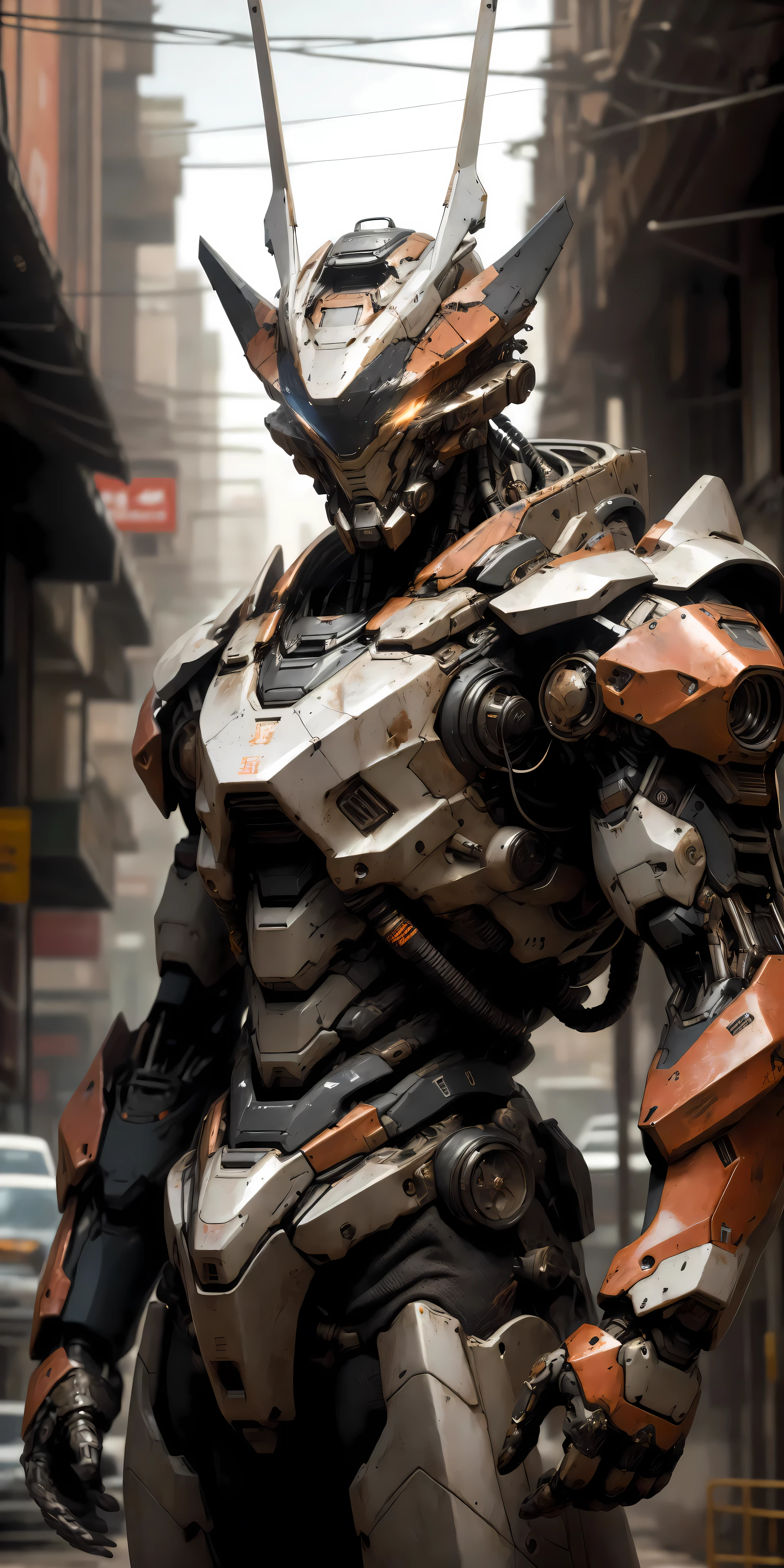 Portrait photo of an alpha male, perfect eyes, in a worn mecha suit, intricate, (steel metal [rust]), elegant, sharp focus, photo by greg rutkowski, soft lighting, vibrant colors, masterpiece, ((streets)), cowboy shot, dynamic pose,