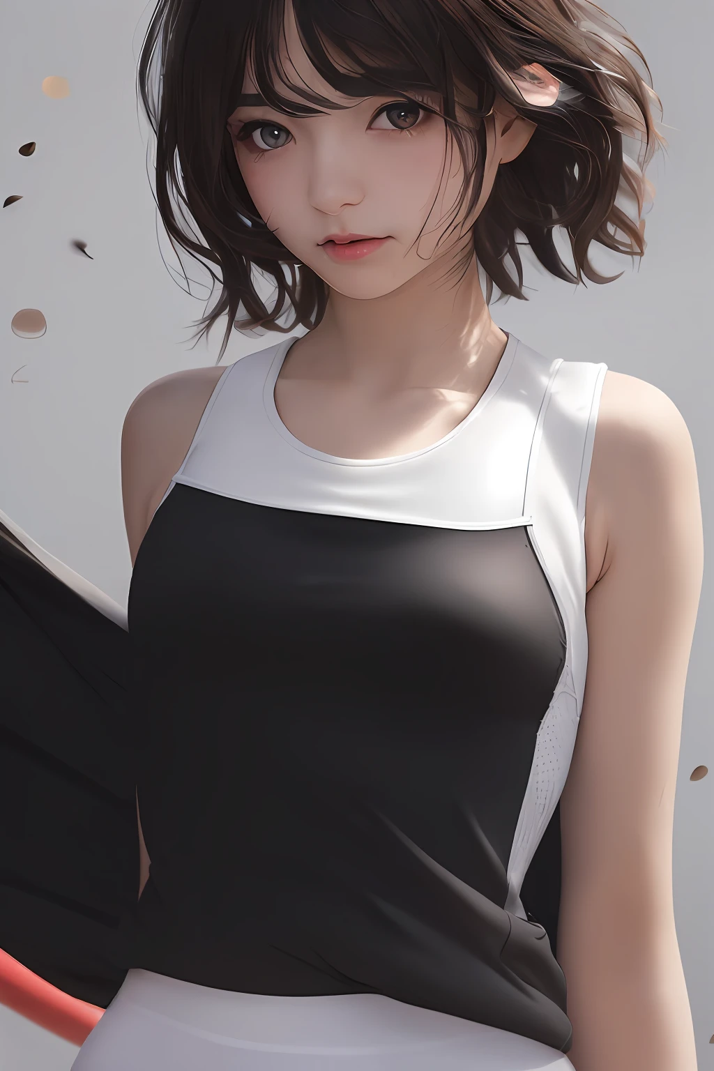top-quality, Photorealsitic, 8K, hight resolution, 1girl in, femele, (Skindentation), (portlate:0.6), a gorgeous, ((White background, sport tank top, small tits:1.65)), (short wavy hair, partedbangs:1.6), Look at viewers, (1 Viewers looking into the eyes of a girl:1.6), Photorealsitic, (bokeh dof), (Floating hair, s lips, a closed mouth:1.43), a gorgeous, pureerosface_v1:1,