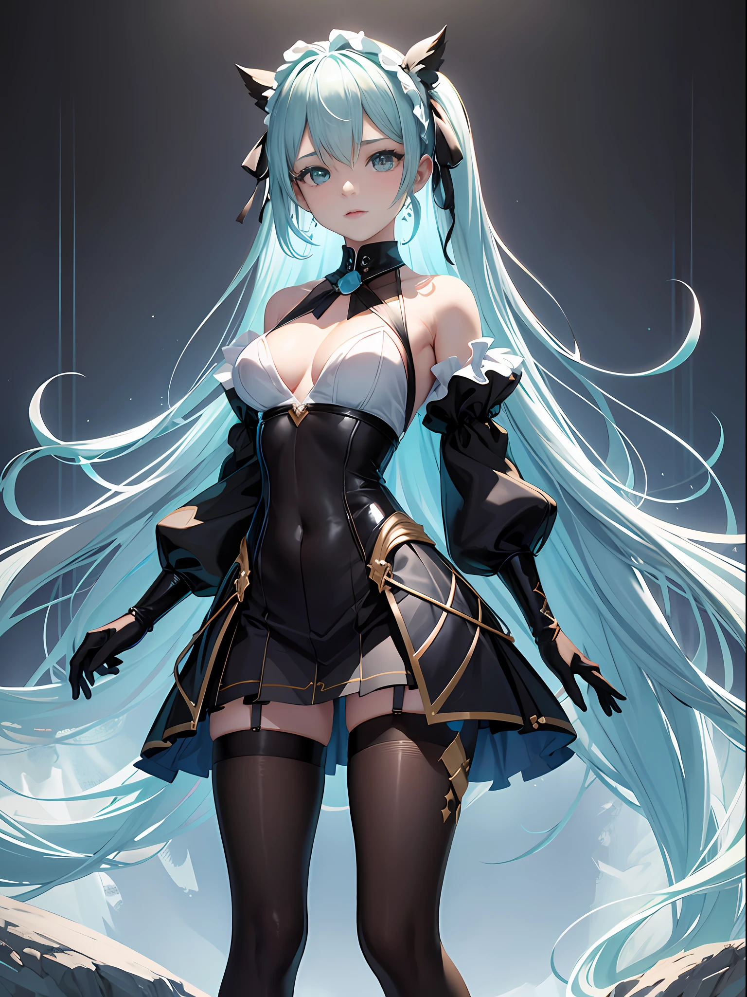 (quality:0)
8K, 8K wallpaper, (Extremely Delicately Beautiful:1.1), (Beautiful detailed eyes:1.3), (Best Illustration:1.1), (Best quality:1.3), (Best shadow:1.1), (Cinematic lighting:1.2), Detailed eyes, (Detailed_Light:1.1), (Dreamy:1.1), (Highly detailed CG unity 8k wallpaper:1.1), A high resolution, (masutepiece:1.3), Official_art book, Ray tracing, (Stylized:1.3), Popular trends in Art Street, (Supergianthugebreasts_Detailed:1.2)

(Style & composition:0)
1girl in, (Translucent fluid flowing from the_Below, full_Body:1.4), Solo

(Pose & expression:0)
Blush, Head_tilt, Legs_separate, Lips_separate, up looking_big breasts and big breasts_peeping at the viewer, standing, Boring

(Character:0)
Aqua_Eyes, Aqua_Hair, Aqua_double tails, argyle_Pantyhose, black_Pantyhose, Bare_bshoulders, black_shirt, black_sater, Breasts_separate, crop_Top, croped_shirt, 鎖骨, hatsune_Os amigos, High_Heels, high-waist_Skirt, Lips, Long_Sleeves, Makeup, (Messy_Hair:1.2), tartan_Skirt, Shiny_Hair, shrugged shoulders_\(Clothing\), (small_Breasts:1.3), Very_Long_Hair