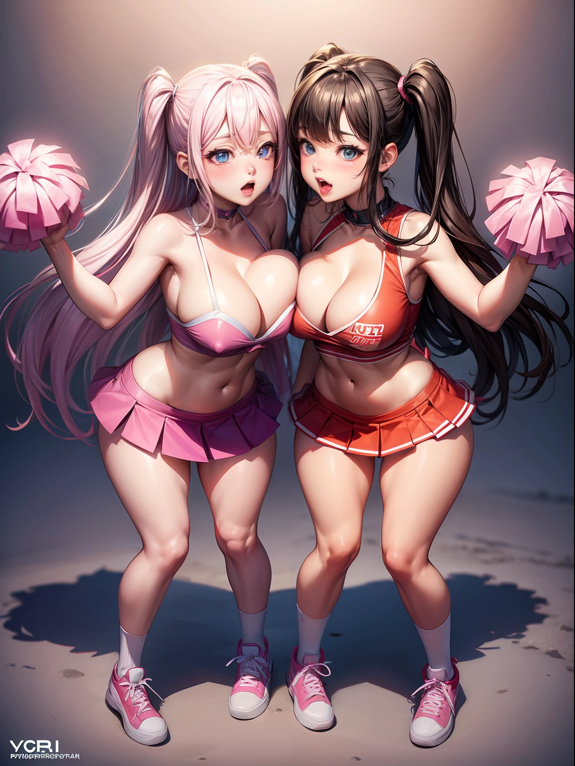 NSFW, hyper photorealistic, Cuteness Pop Style, Full body, Super lewd 2 people, Yuri, cheerleader costume, Super lewd 2 people, Huge breasts, Kissing, Ultra-detailed