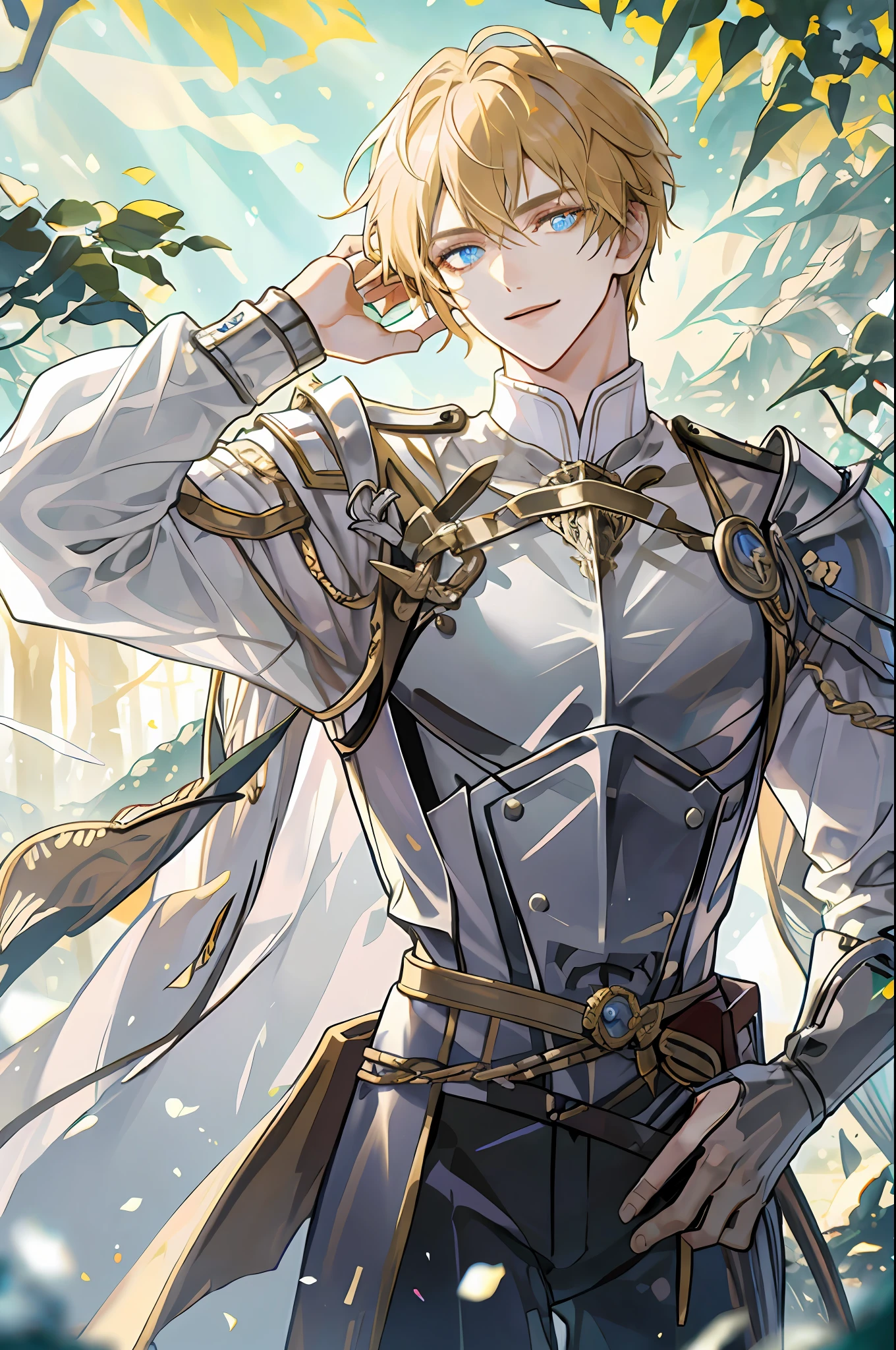 ((Masterpiece: 1.2, top quality)), ((2 men)), short blond hair, blue eyes (handsome: 1.4), white suit, uniform, royalty, tough black knight, short black hair, golden eyes, scar on right eye, black armor, fantasy, forest, blooming flowers, sunlight, fantastic light and shadow, landscape, highly detailed face, portrait, smile