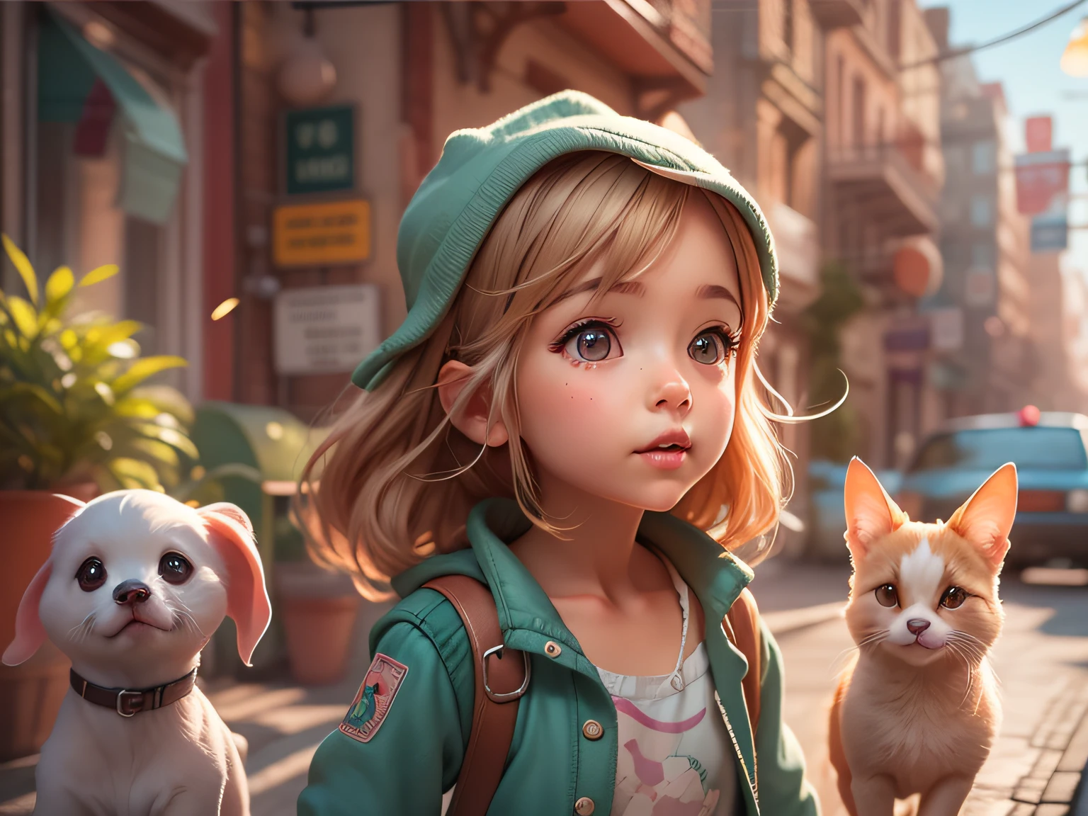 A cute  walking with a cute little pets on a street city, adorable digital painting, childrens art in artstation, cute detailed digital art, realistic anime 3d style, female explorer mini cute girl, cute digital art, realistic cute girl painting, made with anime painter studio, beautiful digital illustration.