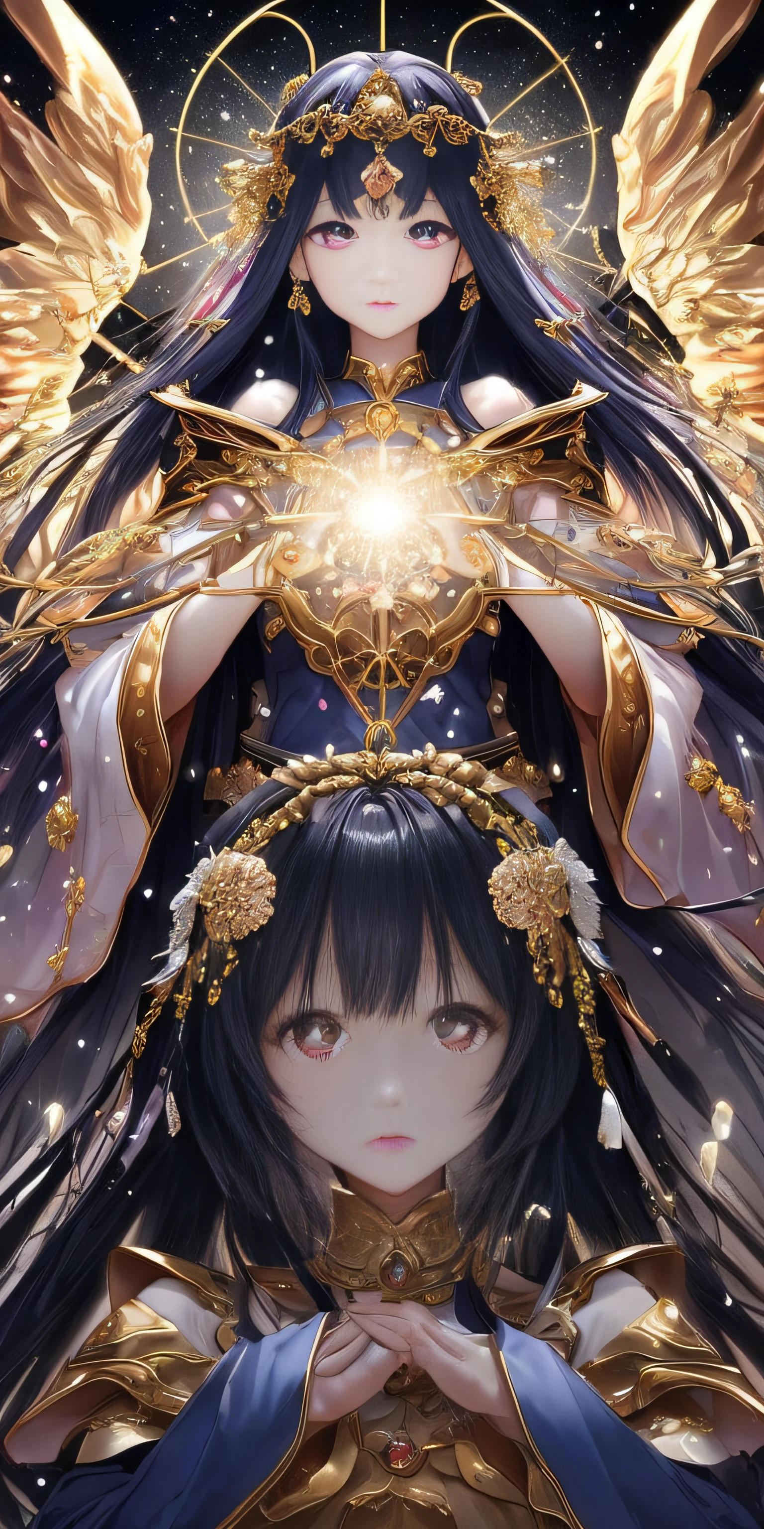 Super beautiful glowing eyes、((top-quality)), ((masterpiece)), ((realisitic)), portlate,
1girl in、Um ser celestial、Deities、goddes、Particles of light、The halo、looking at the viewers、
(bio luminescent:0.95)、Vivid、colourfull、Farbe、(Shines、Shines)、
(Beautiful composition)、lighting like a movie、with an intricate、(Symetrical:0.5)、capricious、