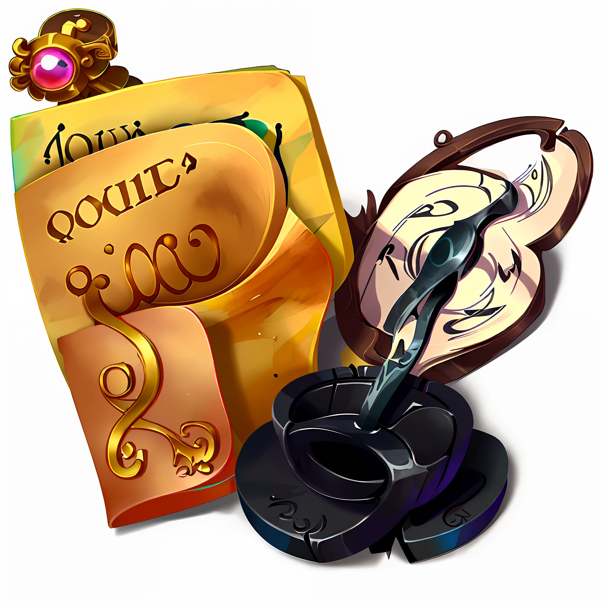 In front of a yellow book sits an inkwell with a quill inserted in it，Cute cartoon，Q version，icon，gameicon，props，Clear detail，k hd，300ppi，Simple，adolable